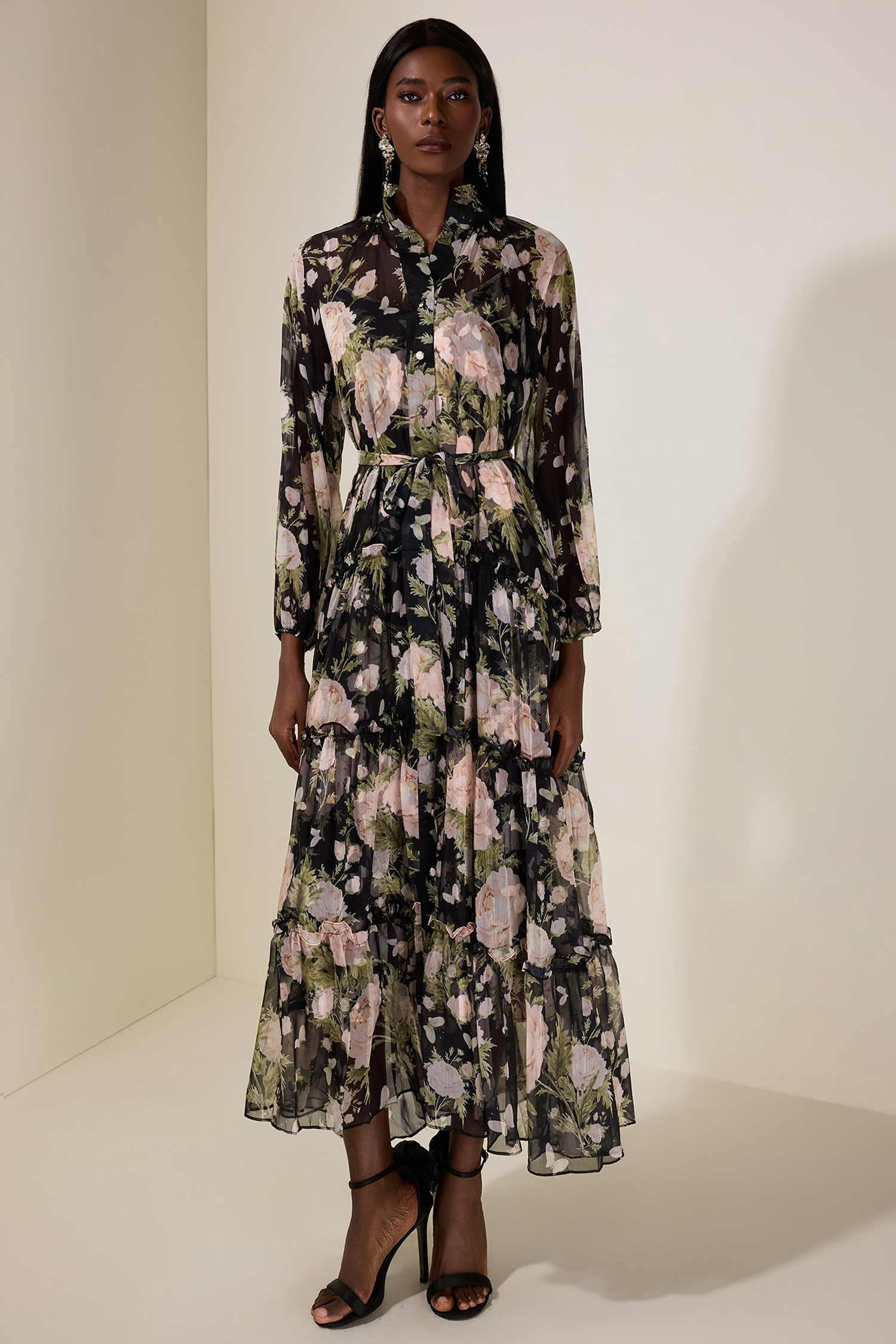 Chiffon Floral Single Breasted Midi Dress With Belt