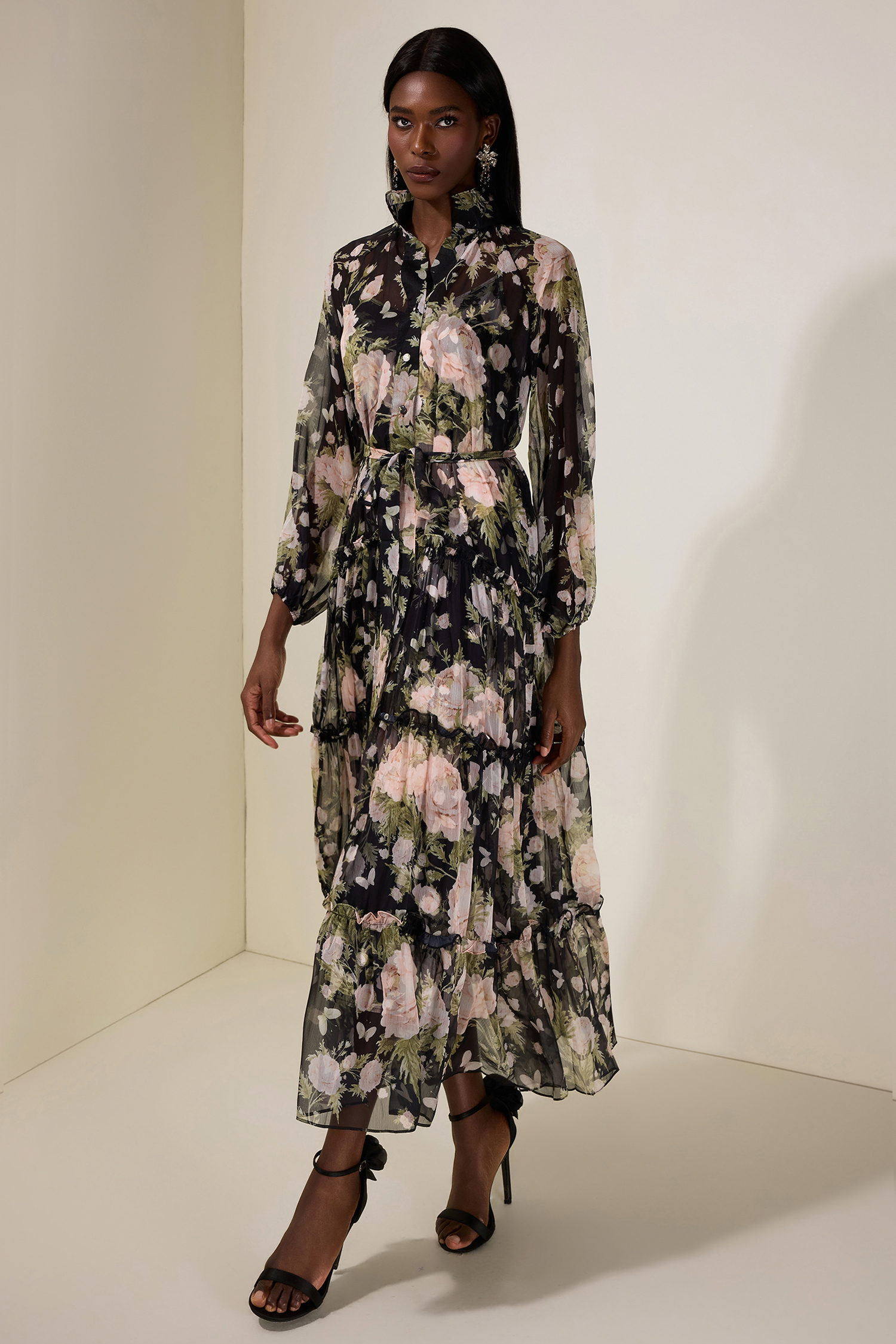 Chiffon Floral Single Breasted Midi Dress With Belt