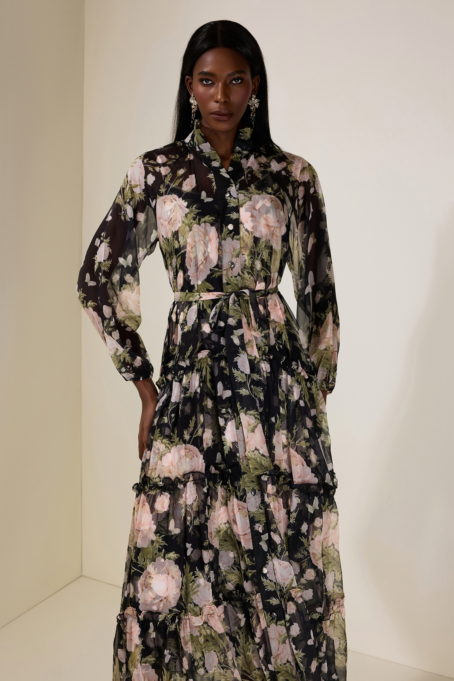 Chiffon Floral Single Breasted Midi Dress With Belt