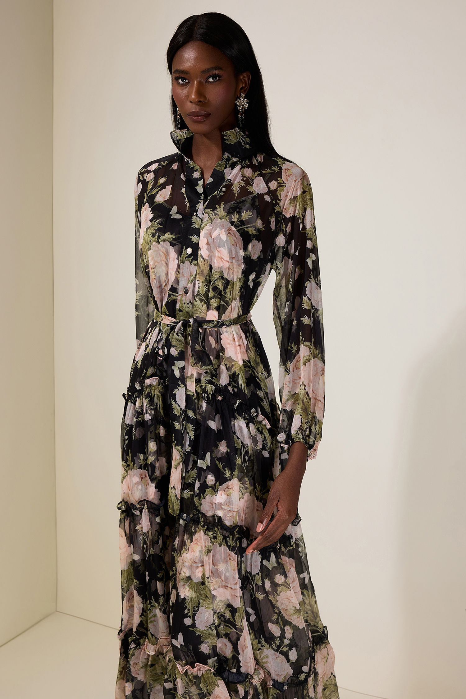 Chiffon Floral Single Breasted Midi Dress With Belt