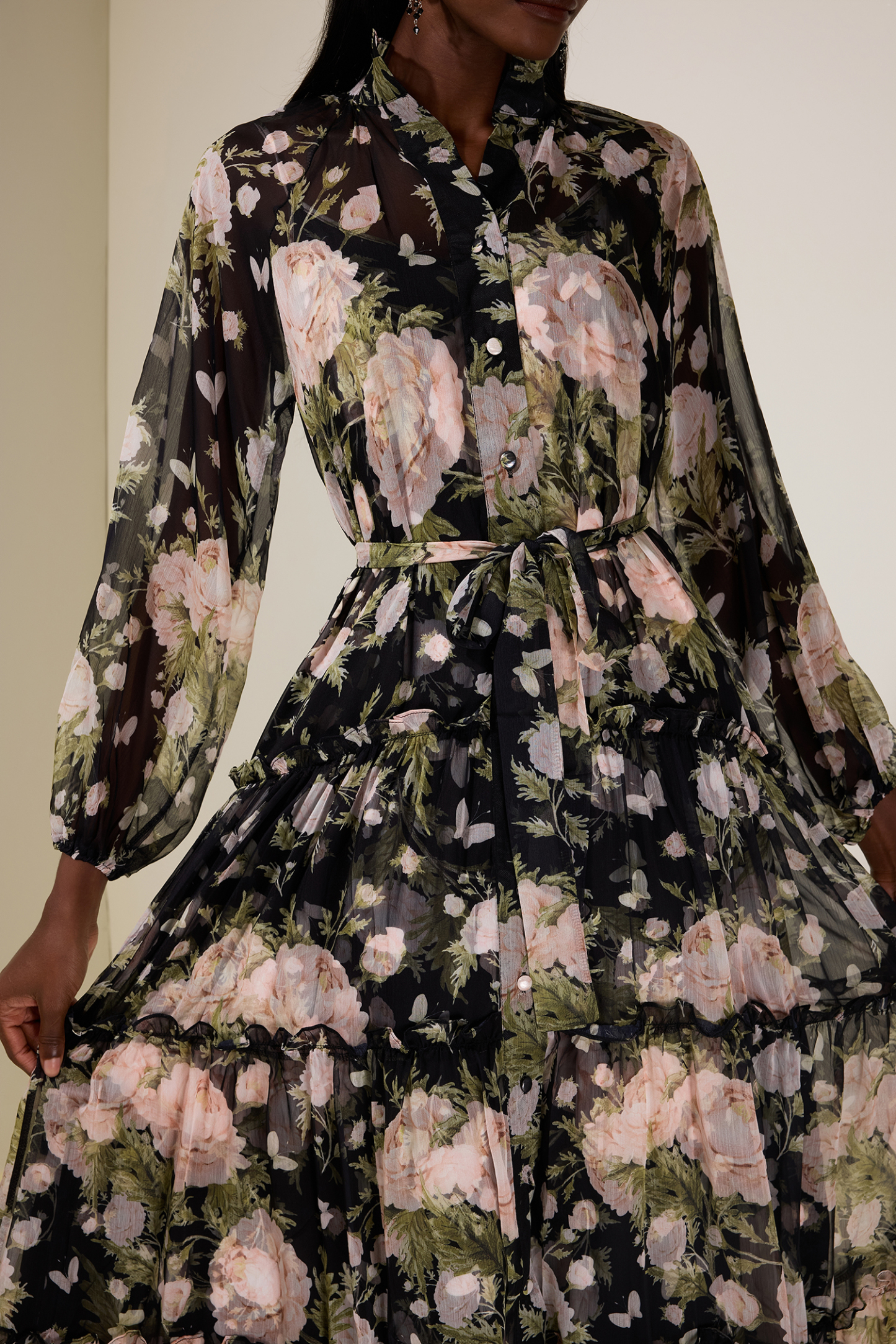Chiffon Floral Single Breasted Midi Dress With Belt