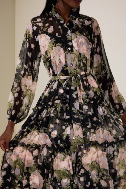 Chiffon Floral Single Breasted Midi Dress With Belt