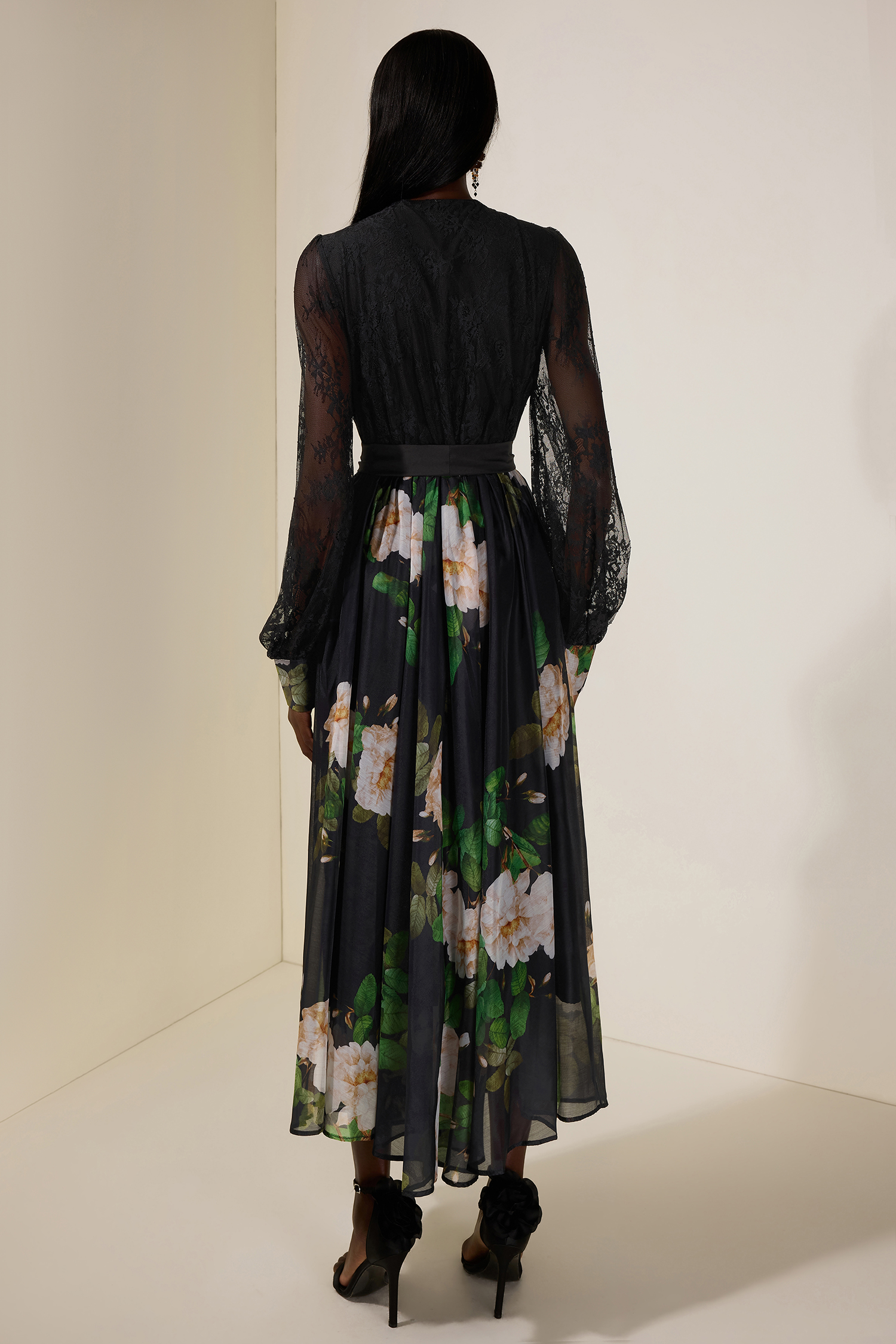 Floral Splicing Lace Pleated Midi Dress With Belt