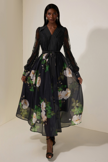 Floral Splicing Lace Pleated Midi Dress With Belt