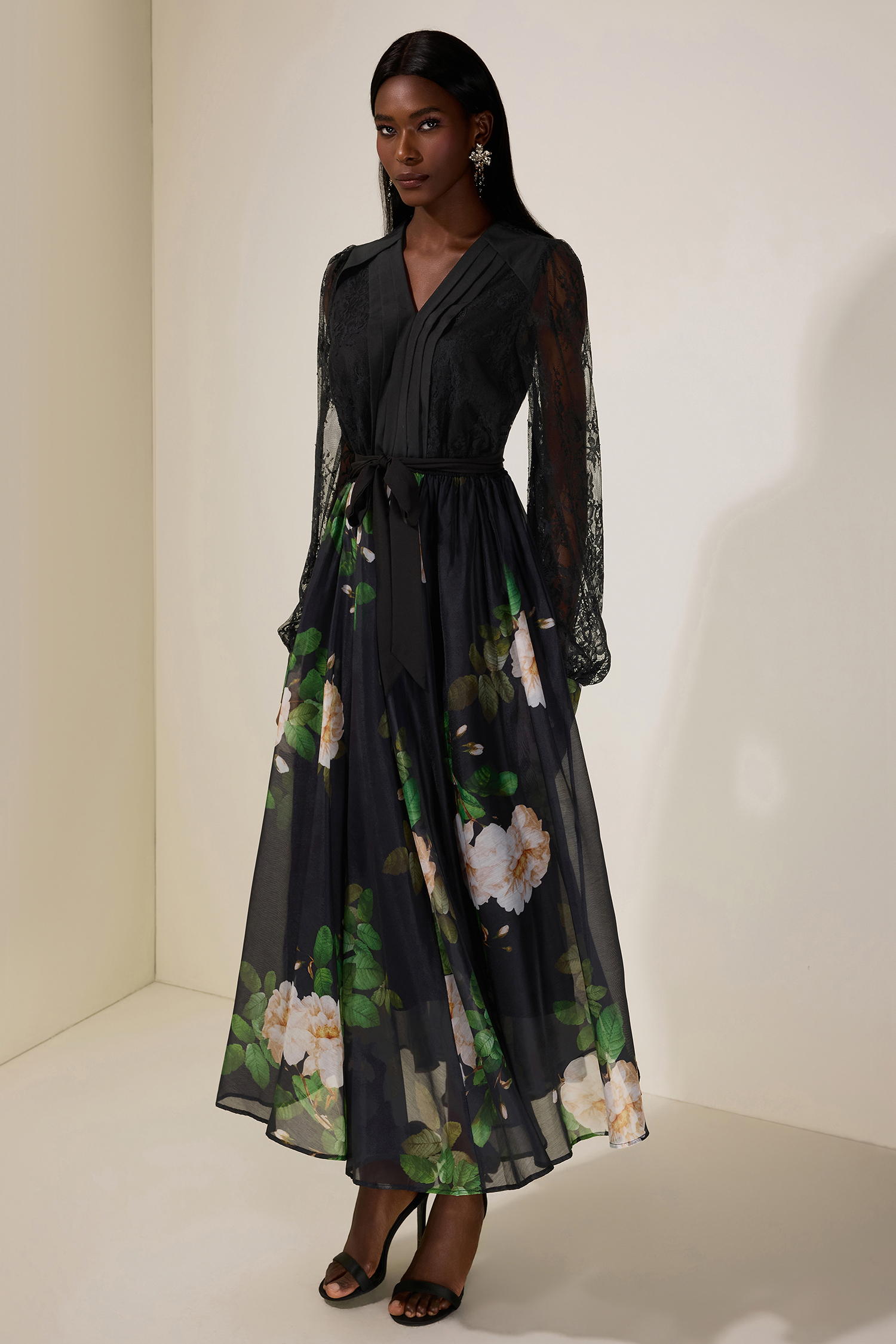 Floral Splicing Lace Pleated Midi Dress With Belt