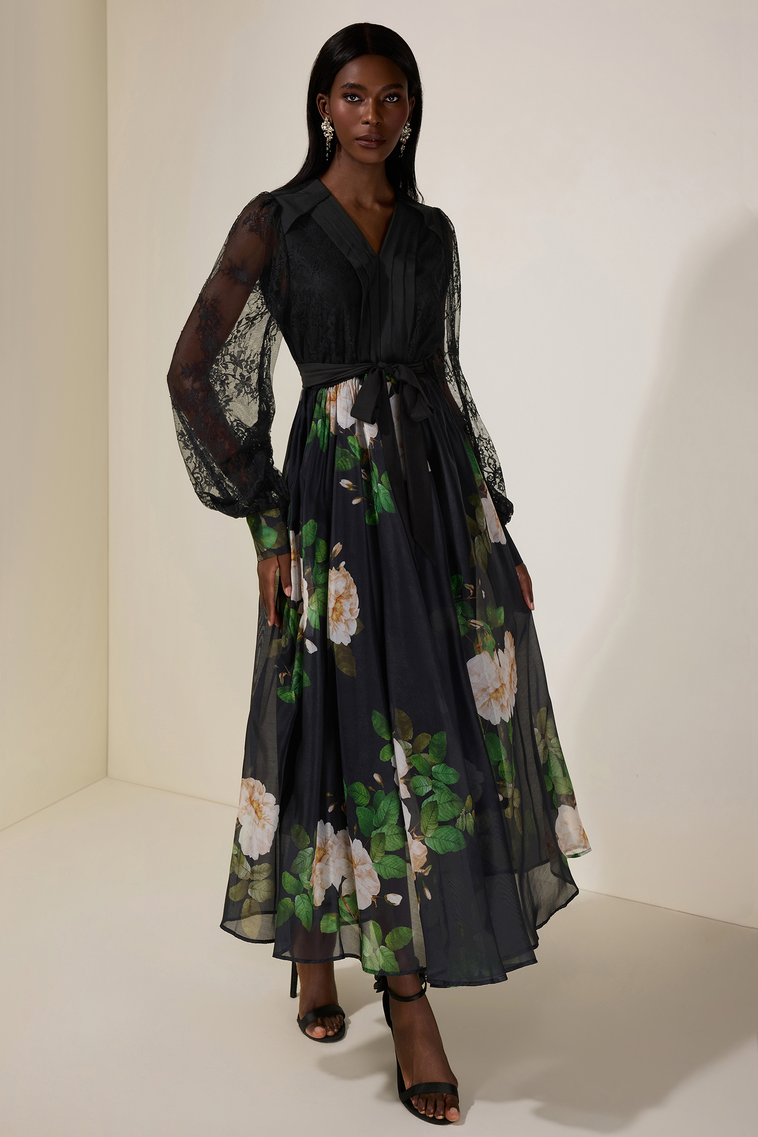 Floral Splicing Lace Pleated Midi Dress With Belt