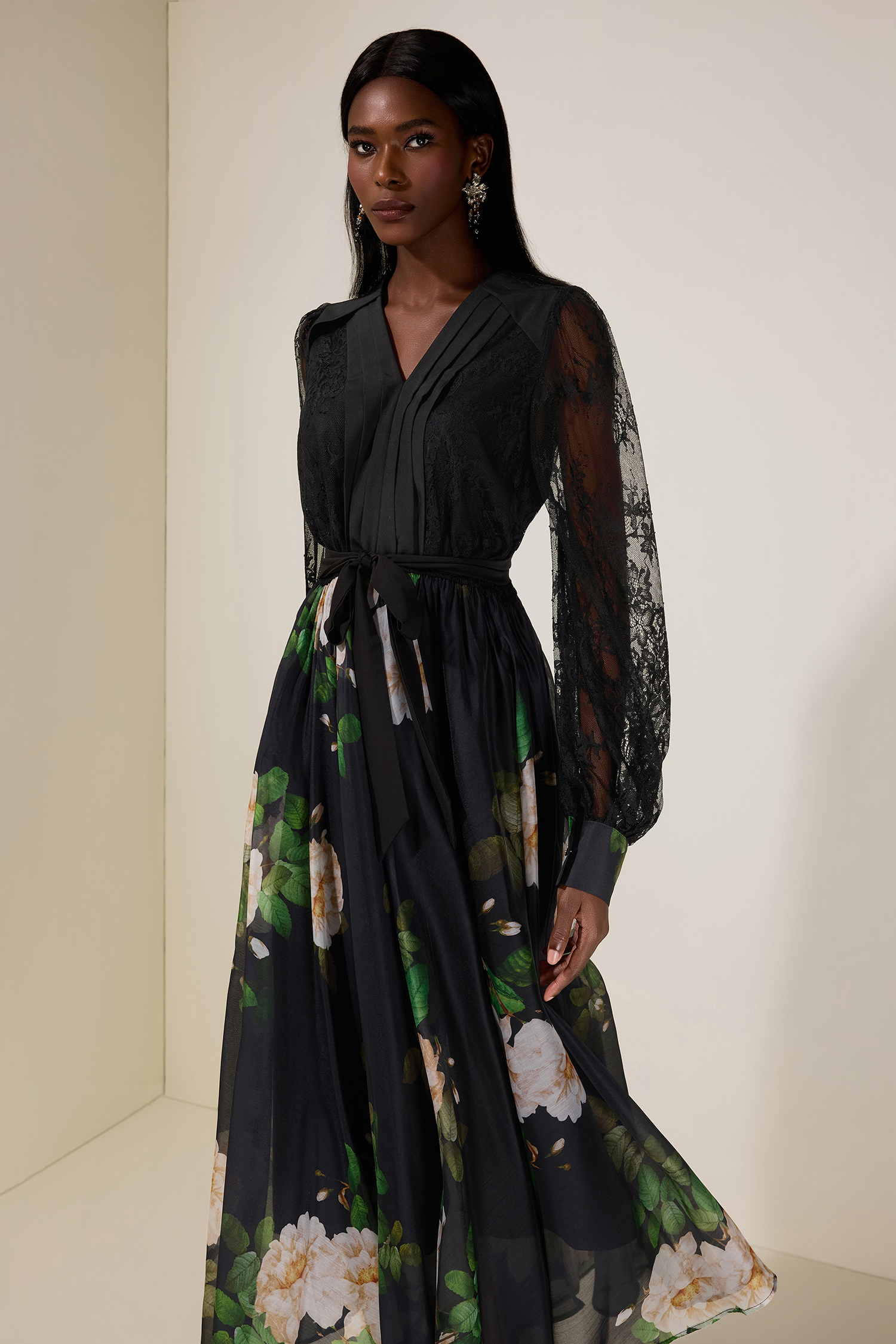 Floral Splicing Lace Pleated Midi Dress With Belt