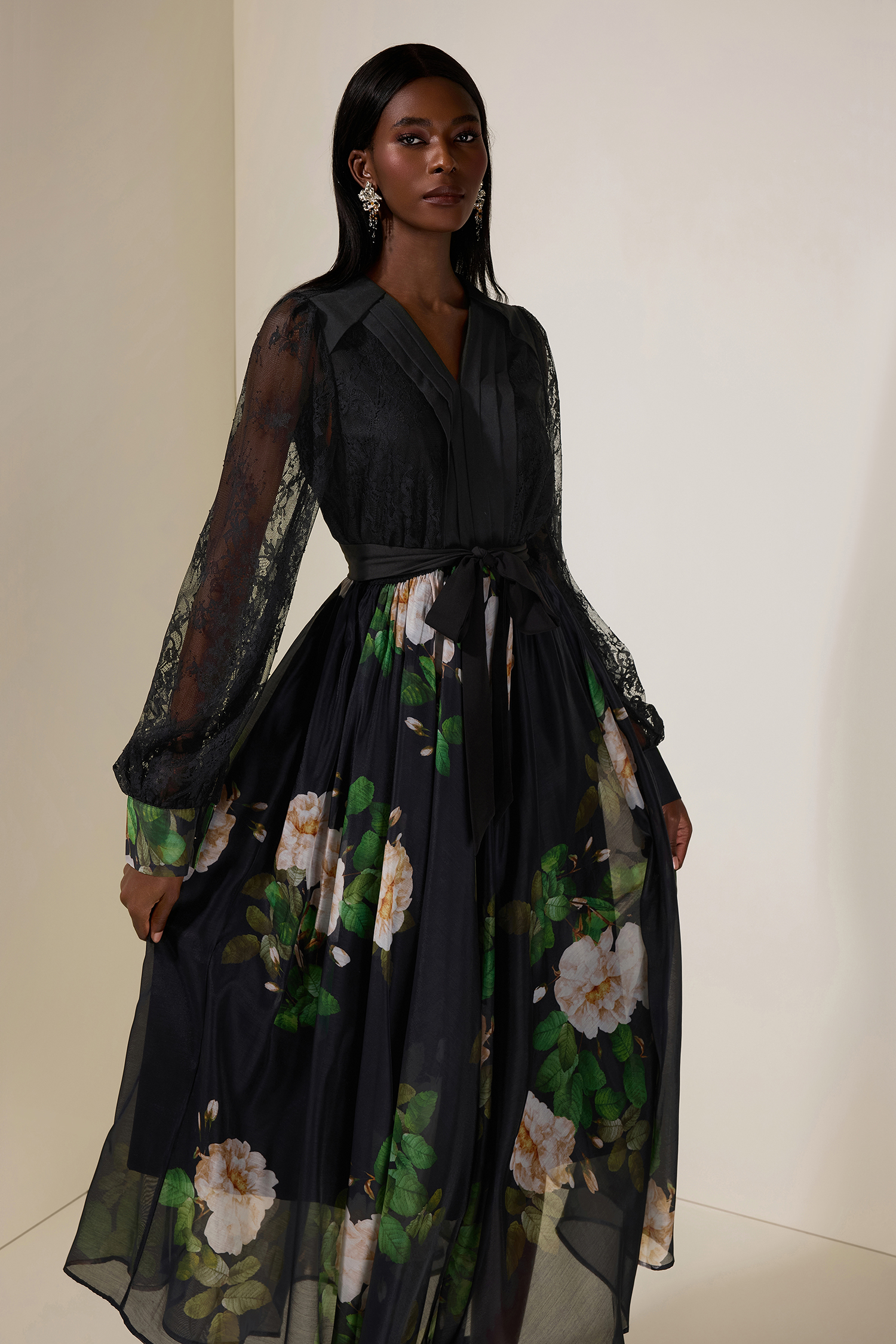 Floral Splicing Lace Pleated Midi Dress With Belt