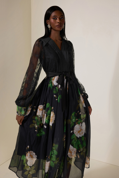 Floral Splicing Lace Pleated Midi Dress With Belt