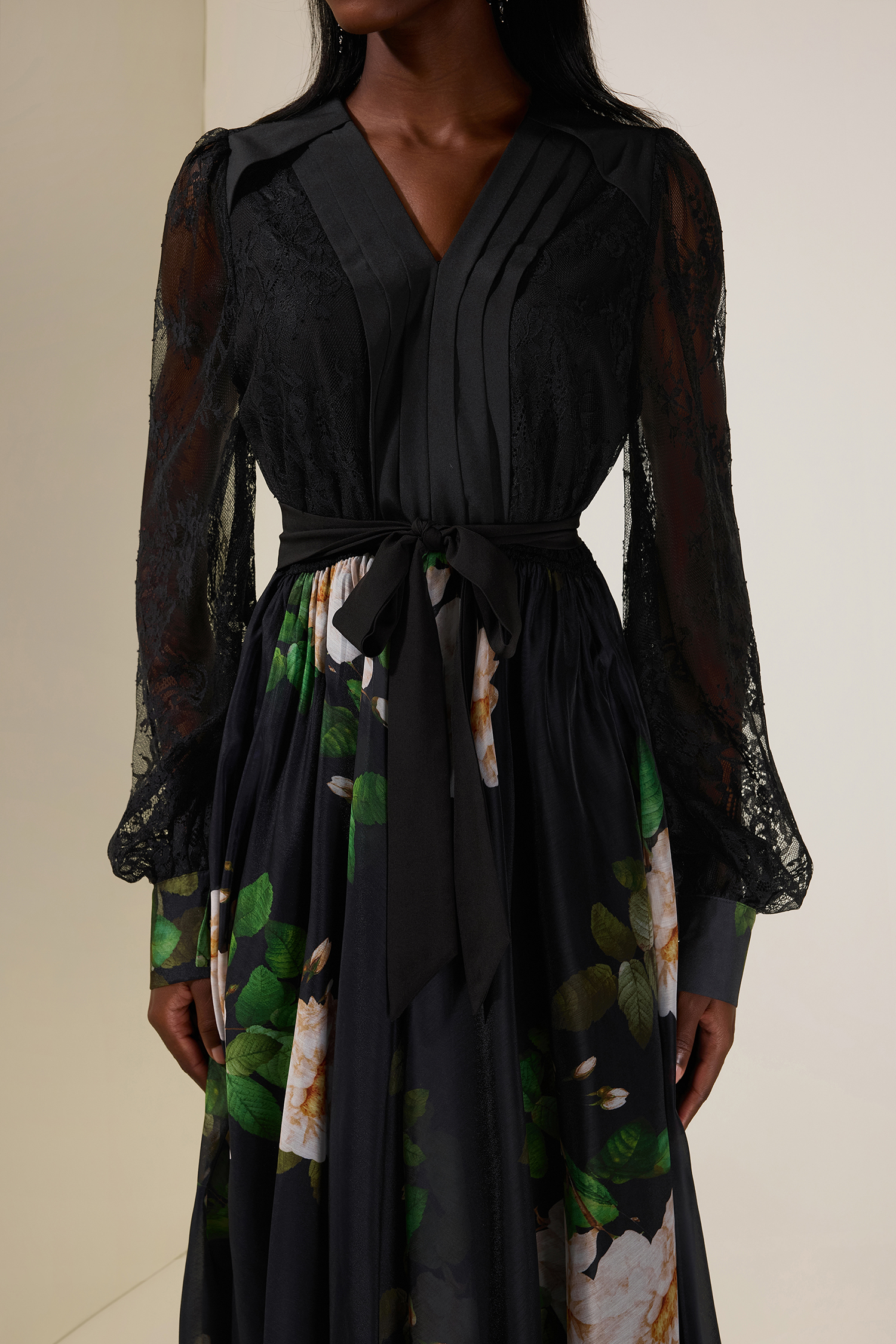 Floral Splicing Lace Pleated Midi Dress With Belt