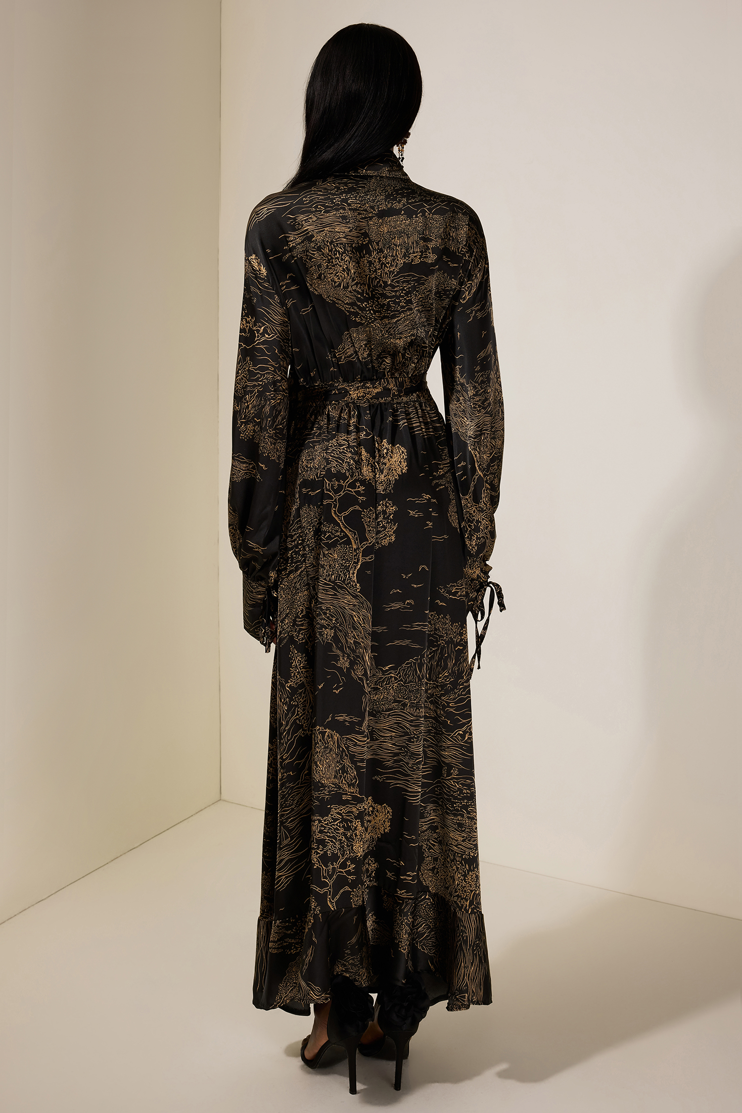 Abstract Print Shirt Collar Tie-Up Midi Dress