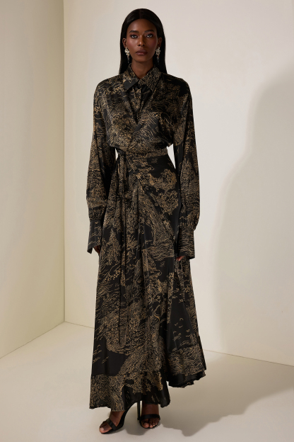 Abstract Print Shirt Collar Tie-Up Midi Dress