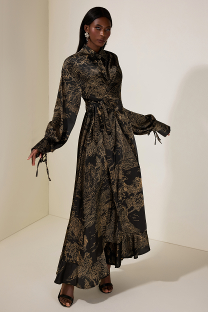 Abstract Print Shirt Collar Tie-Up Midi Dress