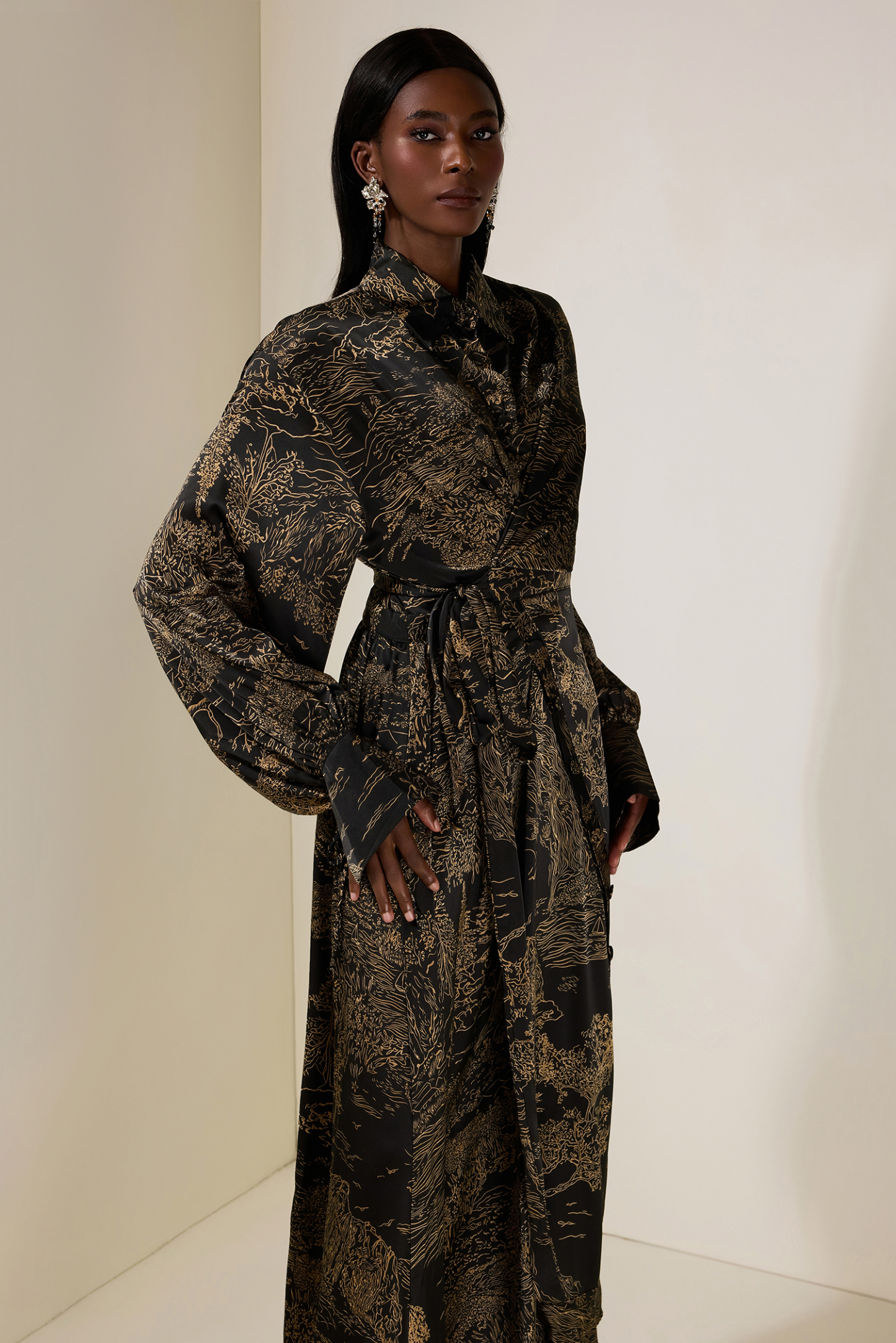 Abstract Print Shirt Collar Tie-Up Midi Dress