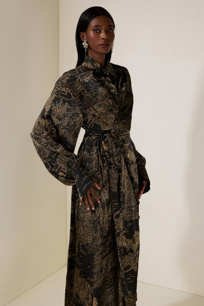 Abstract Print Shirt Collar Tie-Up Midi Dress