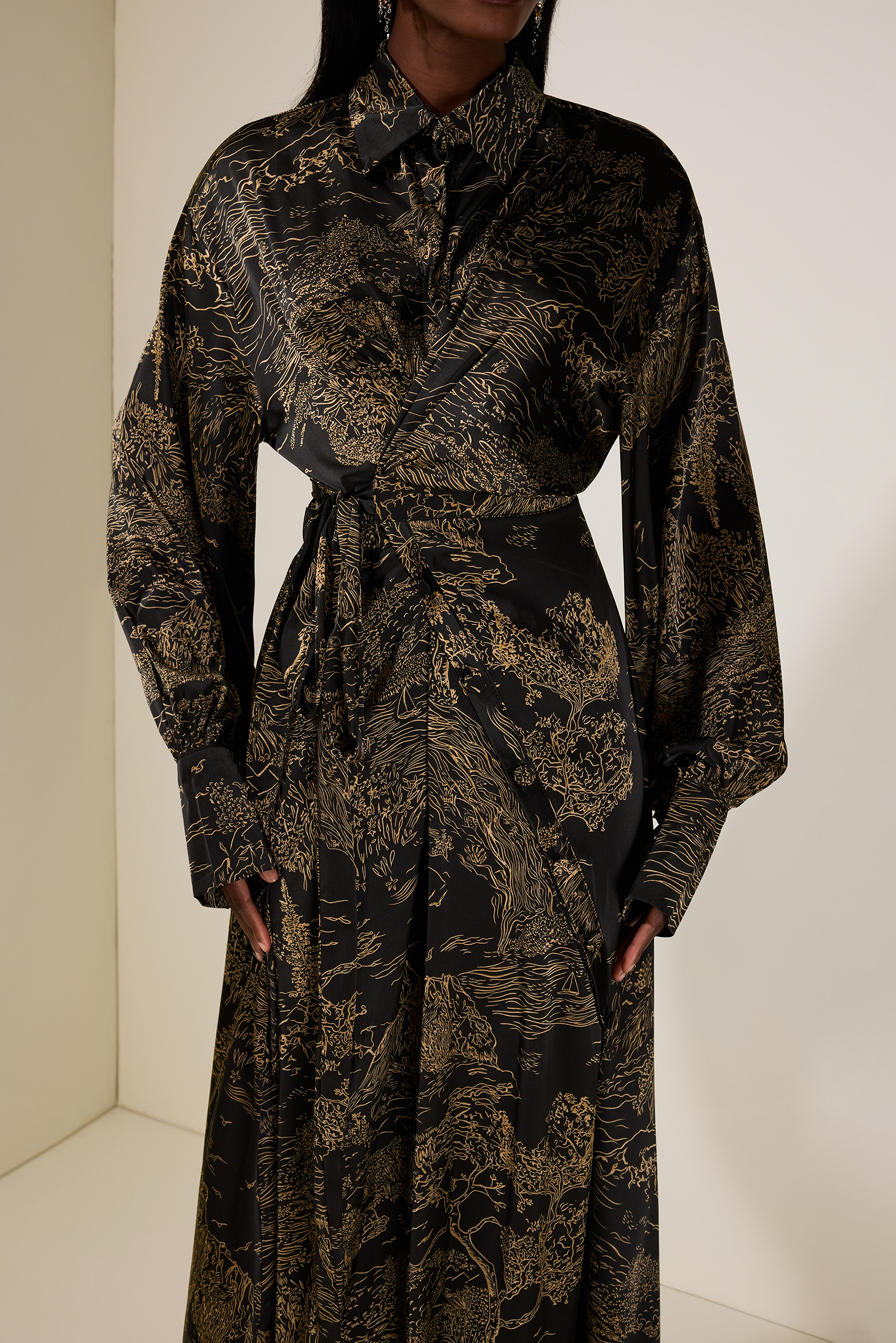 Abstract Print Shirt Collar Tie-Up Midi Dress