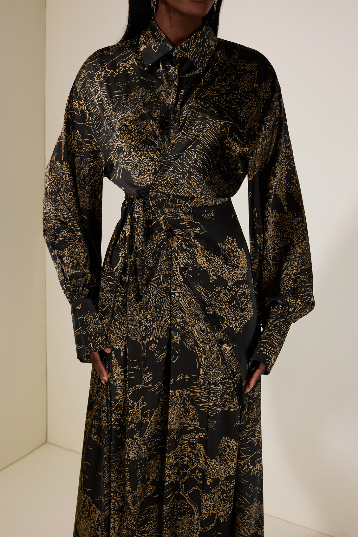 Abstract Print Shirt Collar Tie-Up Midi Dress