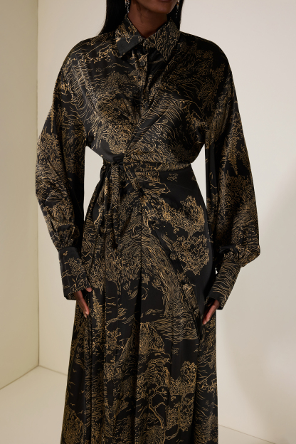 Abstract Print Shirt Collar Tie-Up Midi Dress