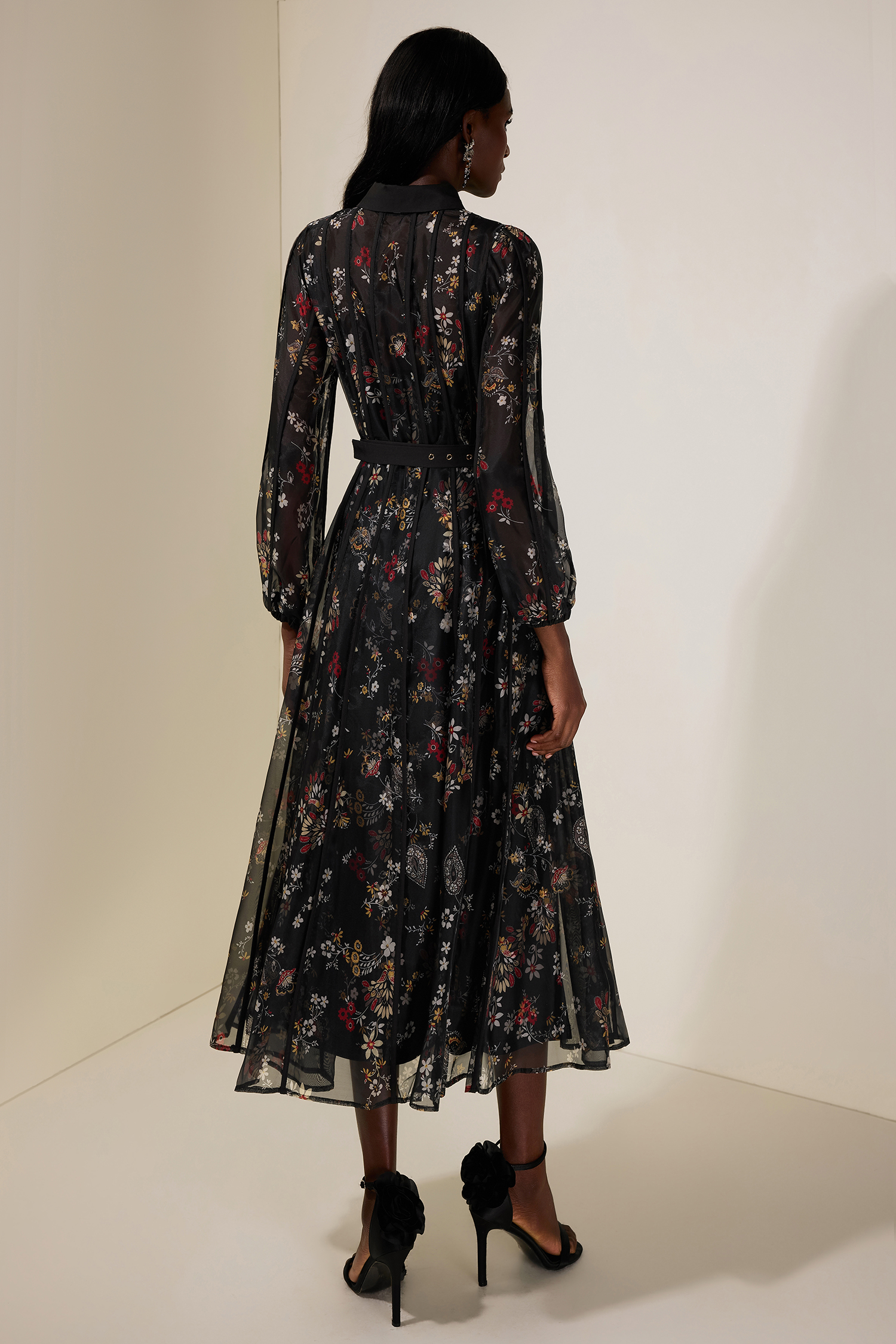 Floral Shirt Collar Single Breasted Midi Dress With Belt