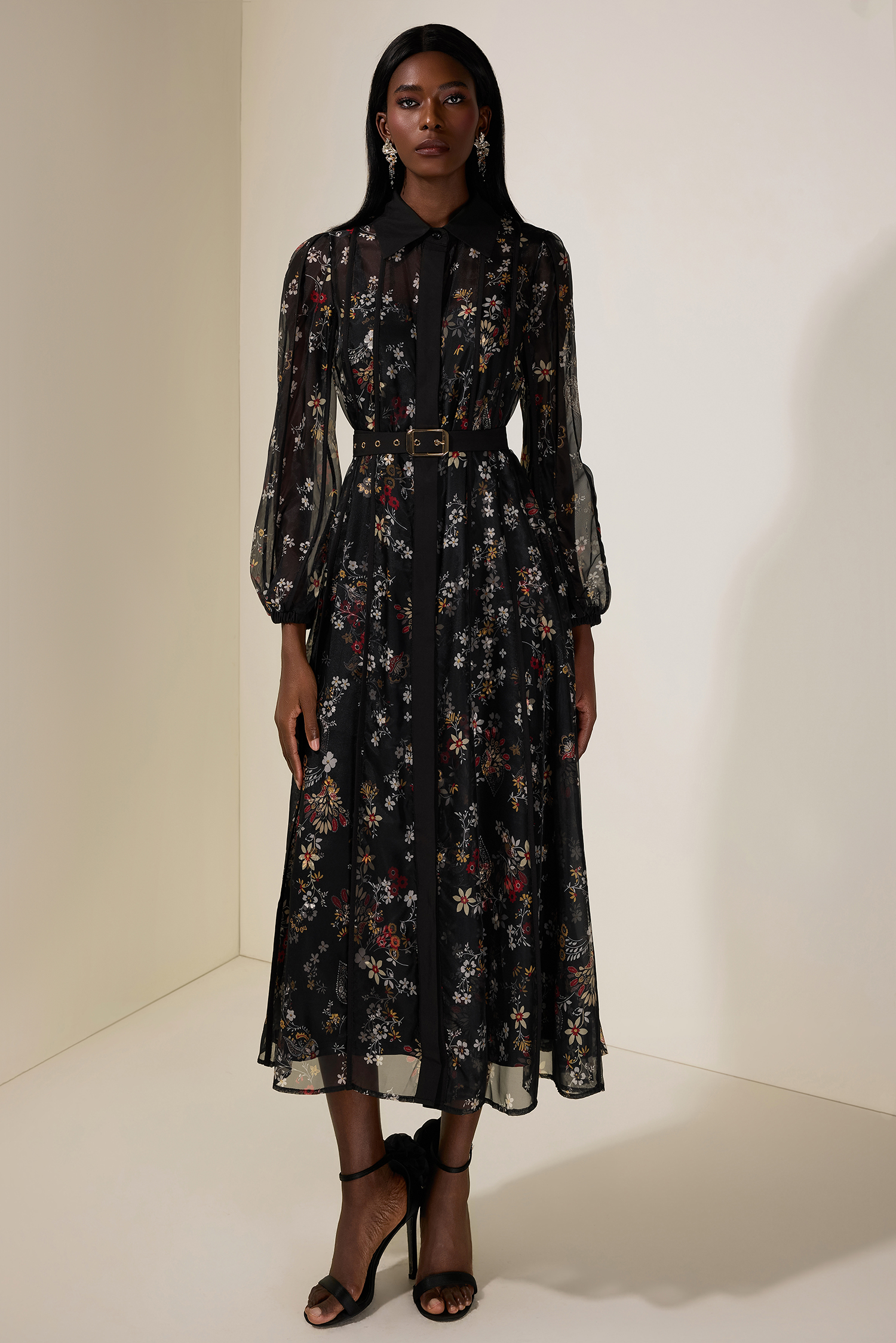 Floral Shirt Collar Single Breasted Midi Dress With Belt