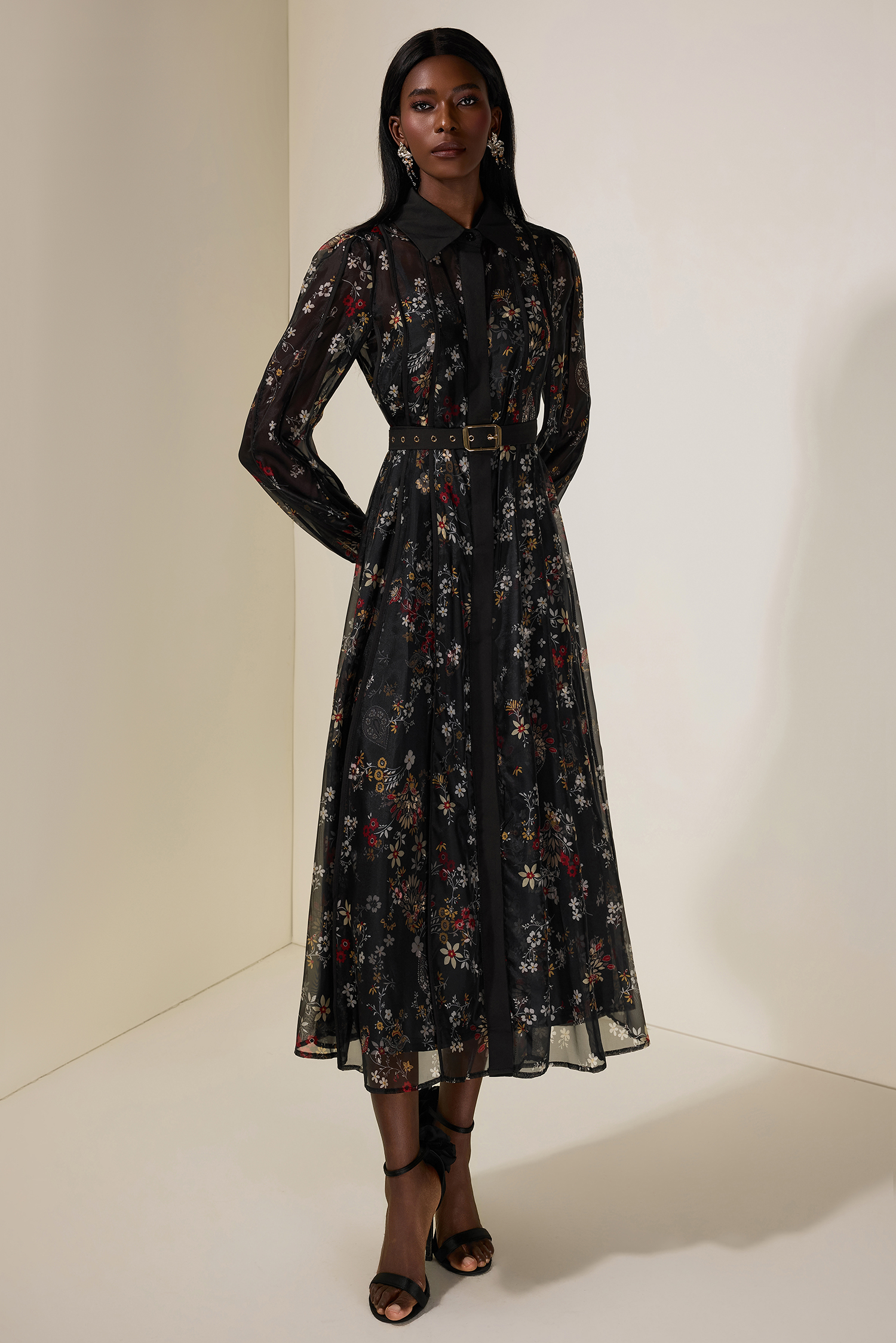 Floral Shirt Collar Single Breasted Midi Dress With Belt