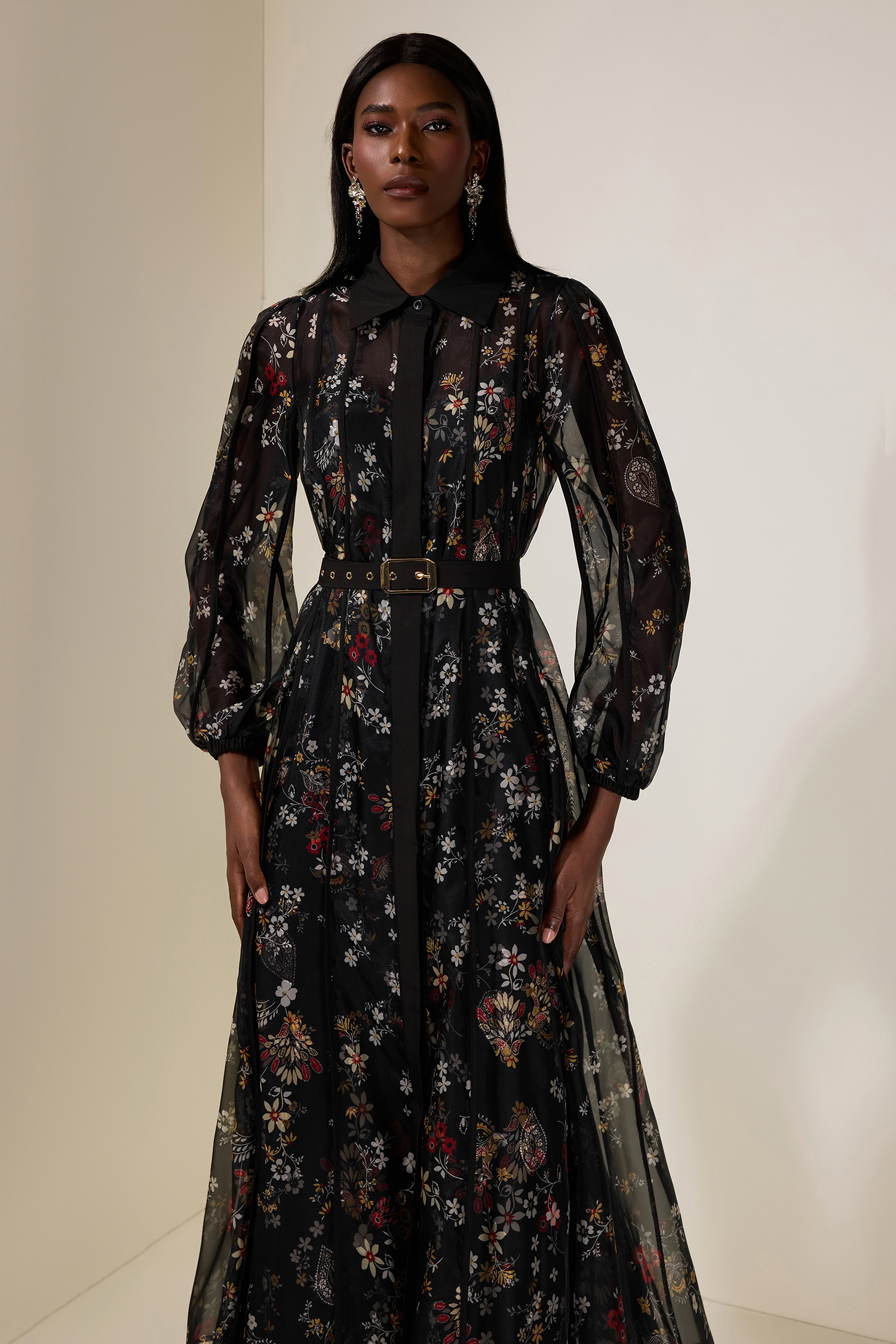 Floral Shirt Collar Single Breasted Midi Dress With Belt