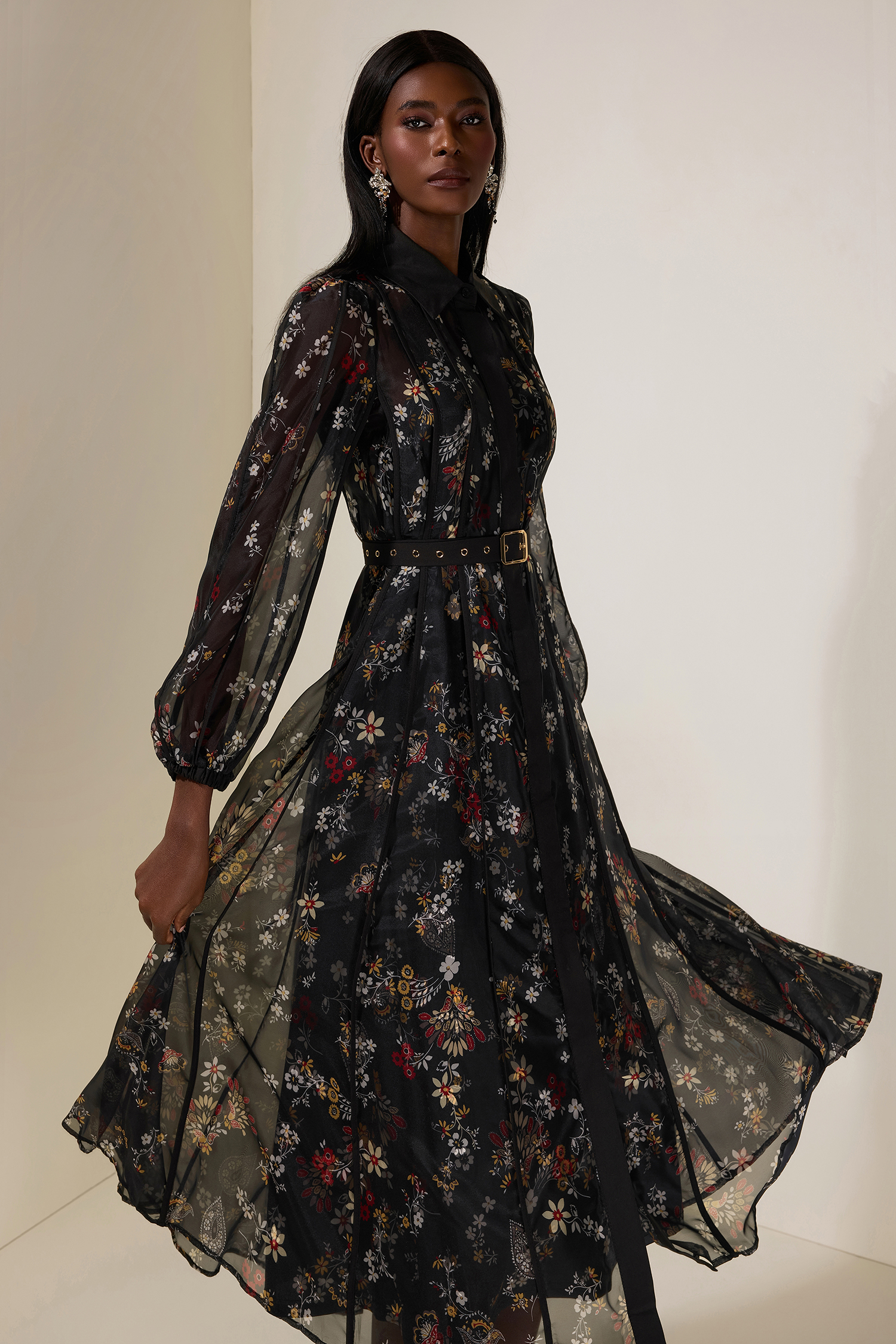 Floral Shirt Collar Single Breasted Midi Dress With Belt