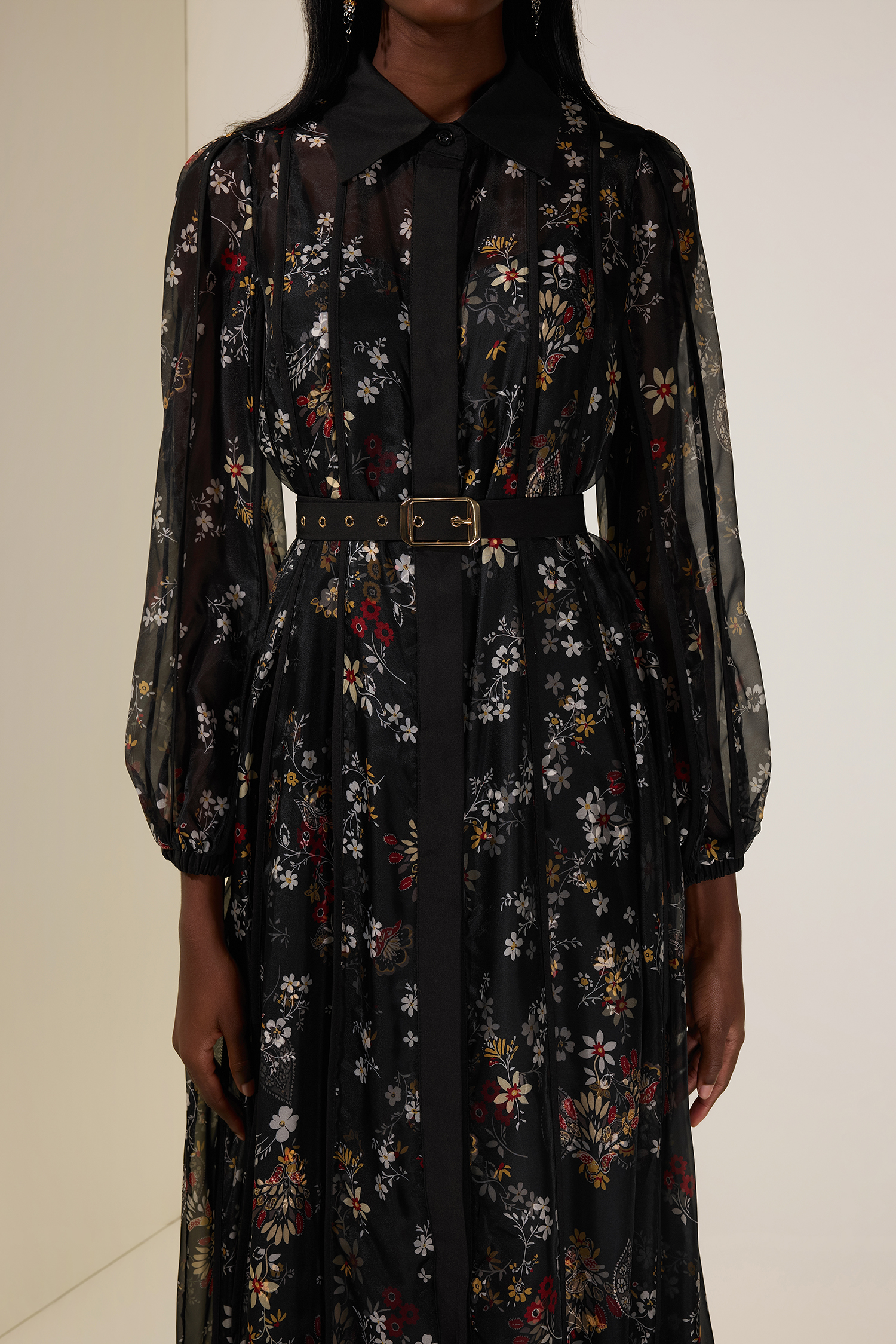 Floral Shirt Collar Single Breasted Midi Dress With Belt