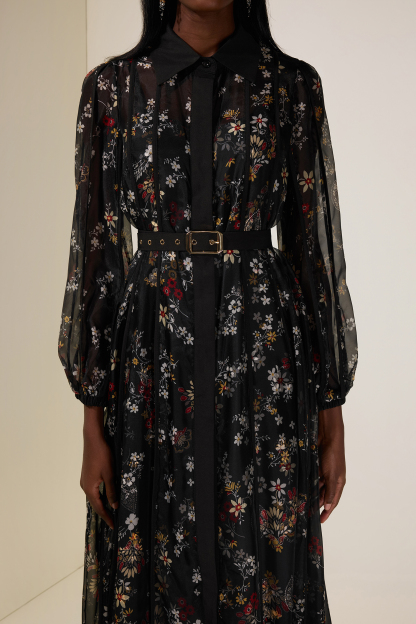 Floral Shirt Collar Single Breasted Midi Dress With Belt