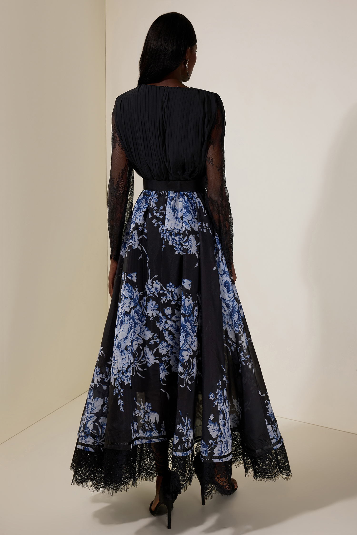 Chiffon Splicing Lace Floral V-Neck Maxi Dress With Belt