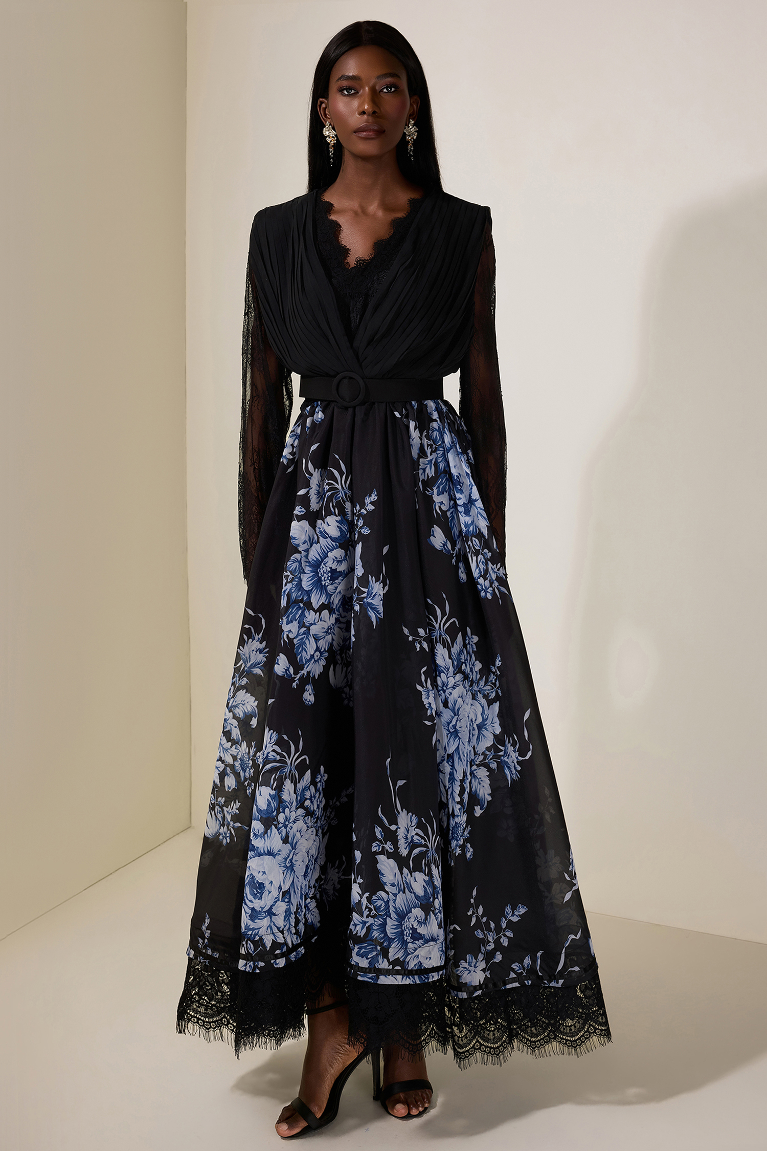 Chiffon Splicing Lace Floral V-Neck Maxi Dress With Belt