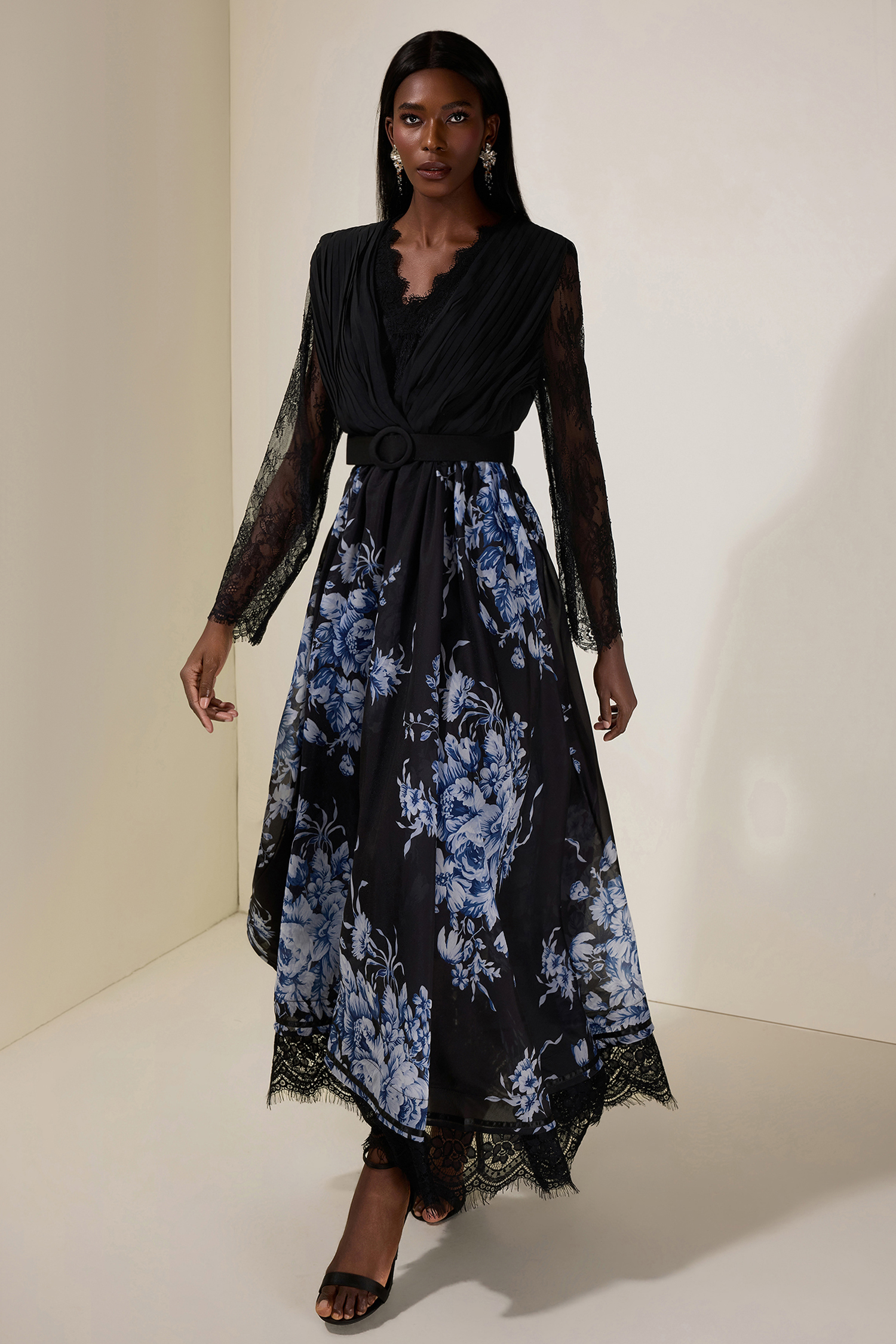 Chiffon Splicing Lace Floral V-Neck Maxi Dress With Belt