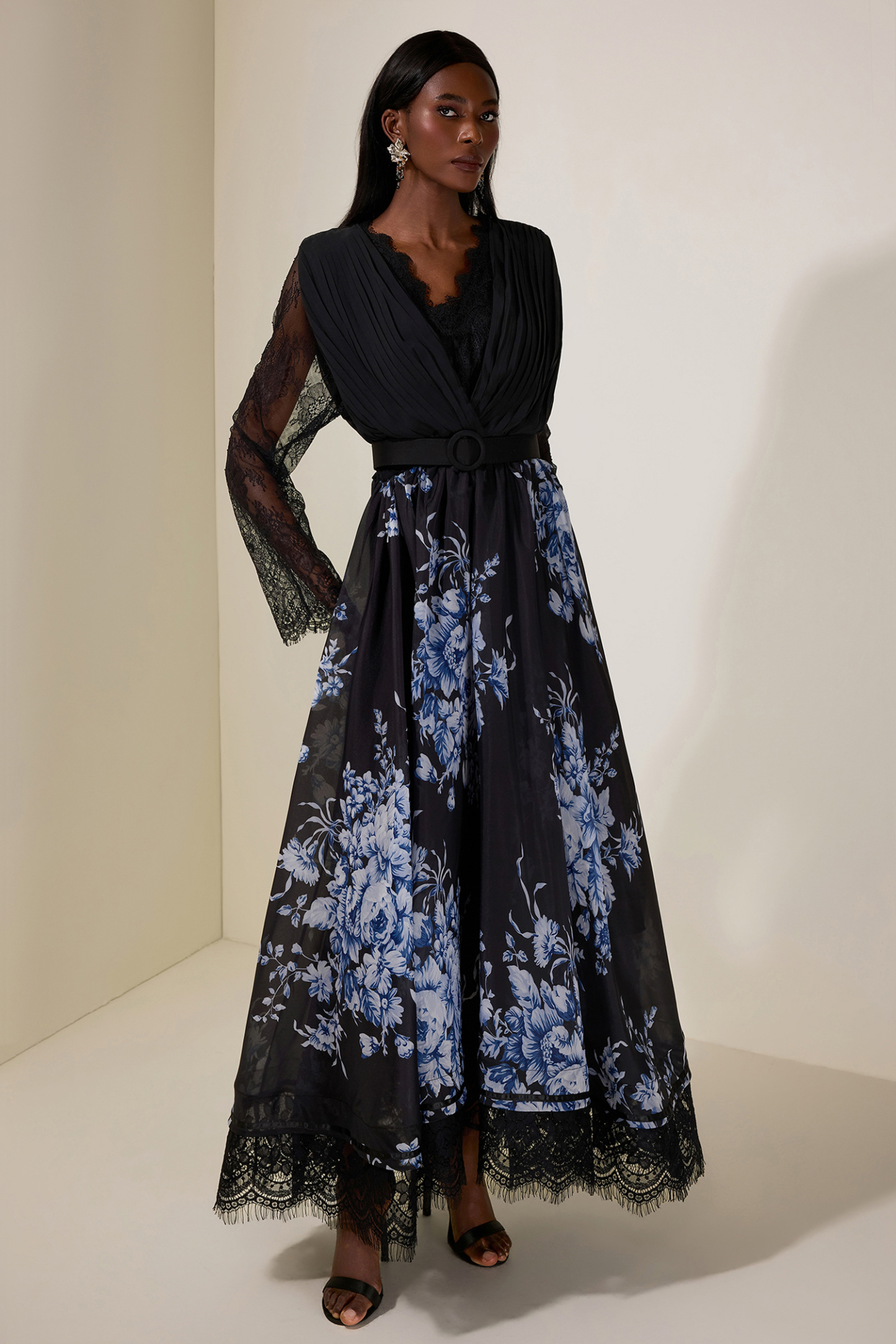 Chiffon Splicing Lace Floral V-Neck Maxi Dress With Belt