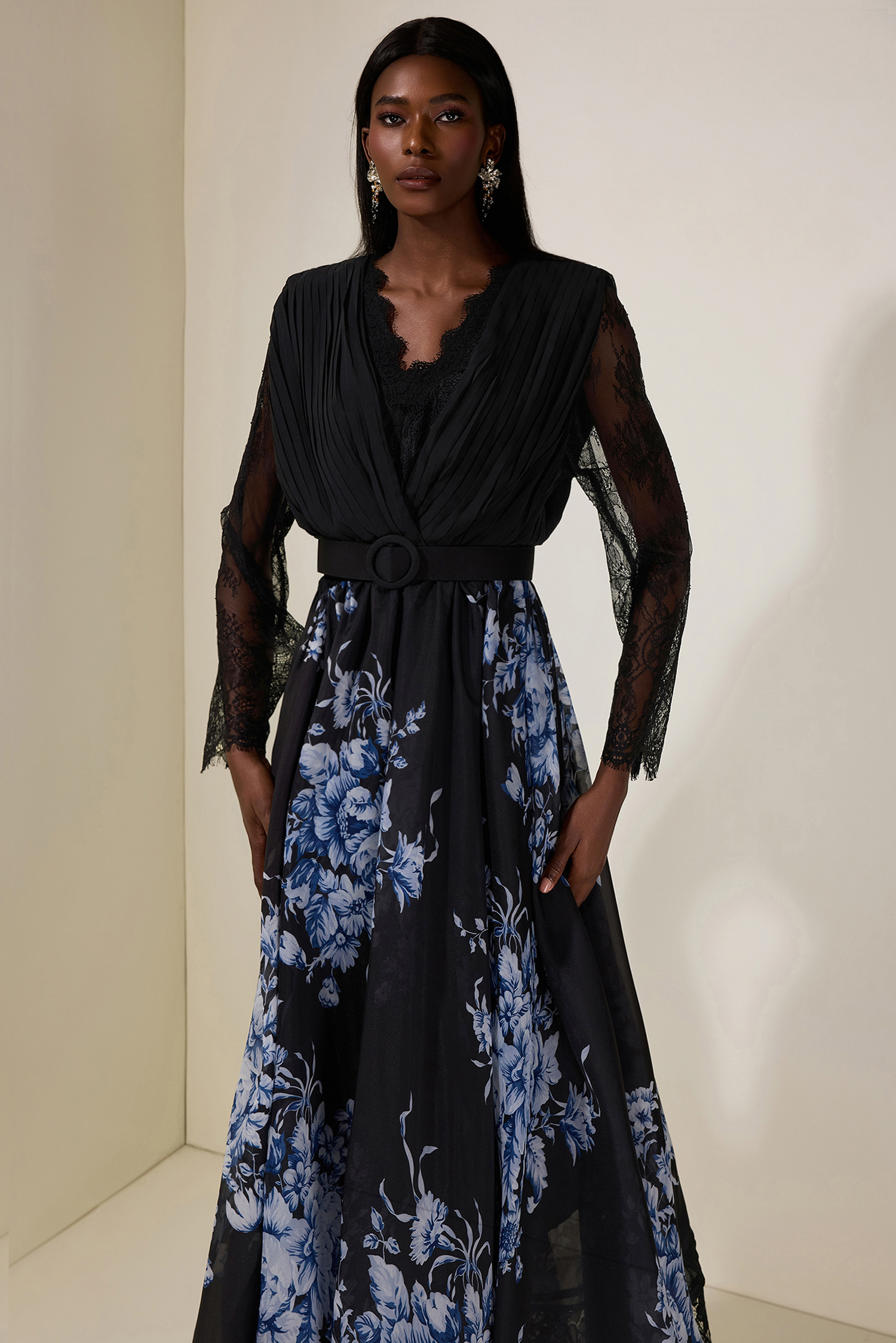 Chiffon Splicing Lace Floral V-Neck Maxi Dress With Belt