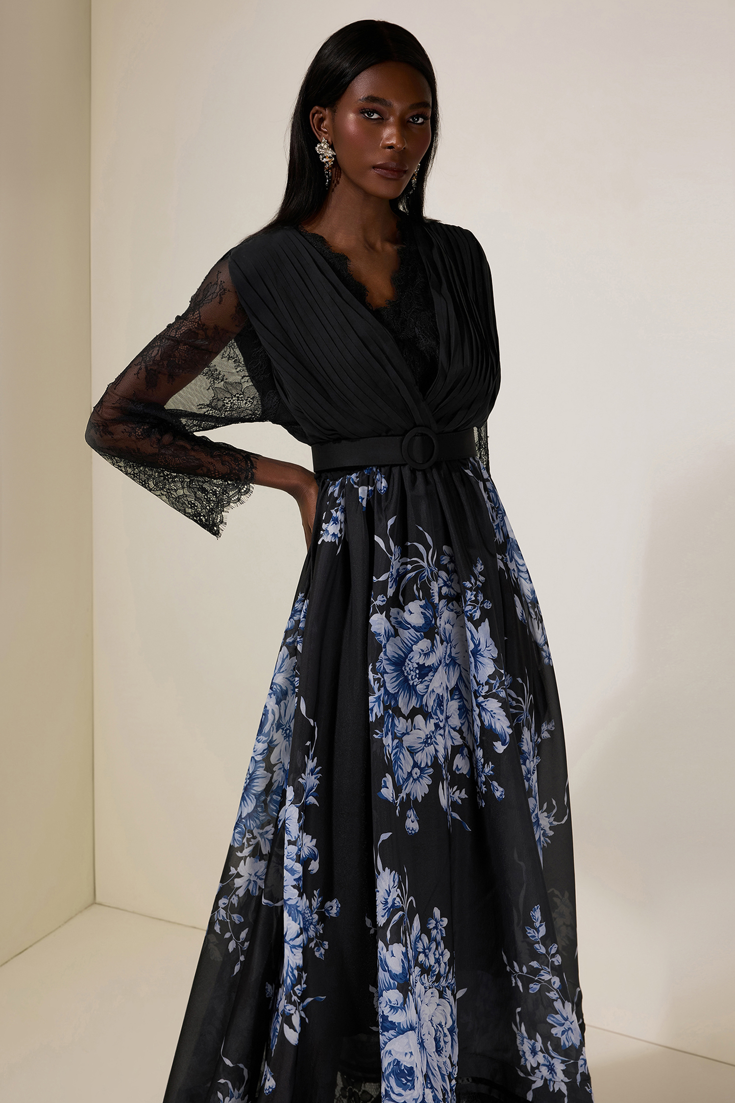 Chiffon Splicing Lace Floral V-Neck Maxi Dress With Belt