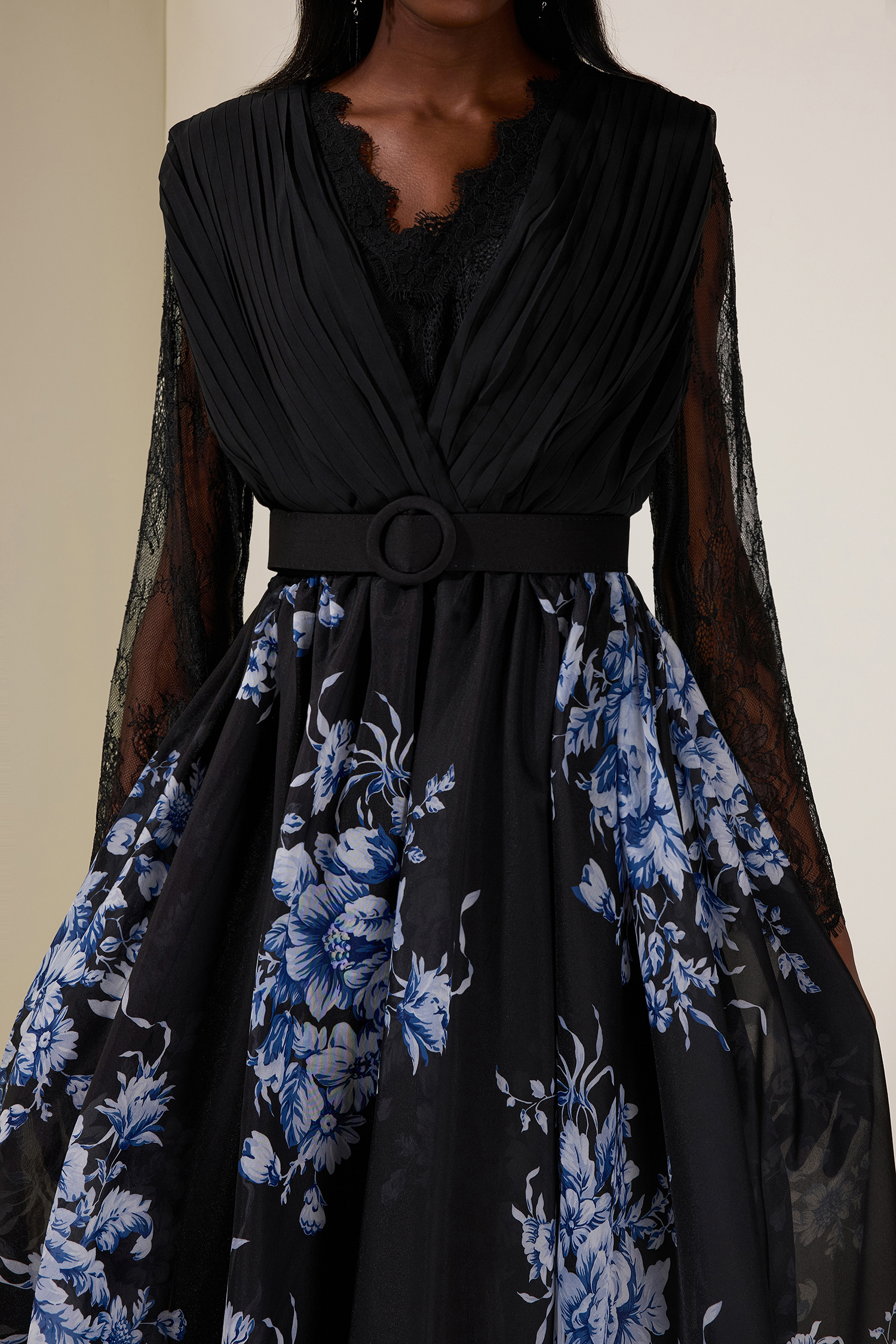 Chiffon Splicing Lace Floral V-Neck Maxi Dress With Belt