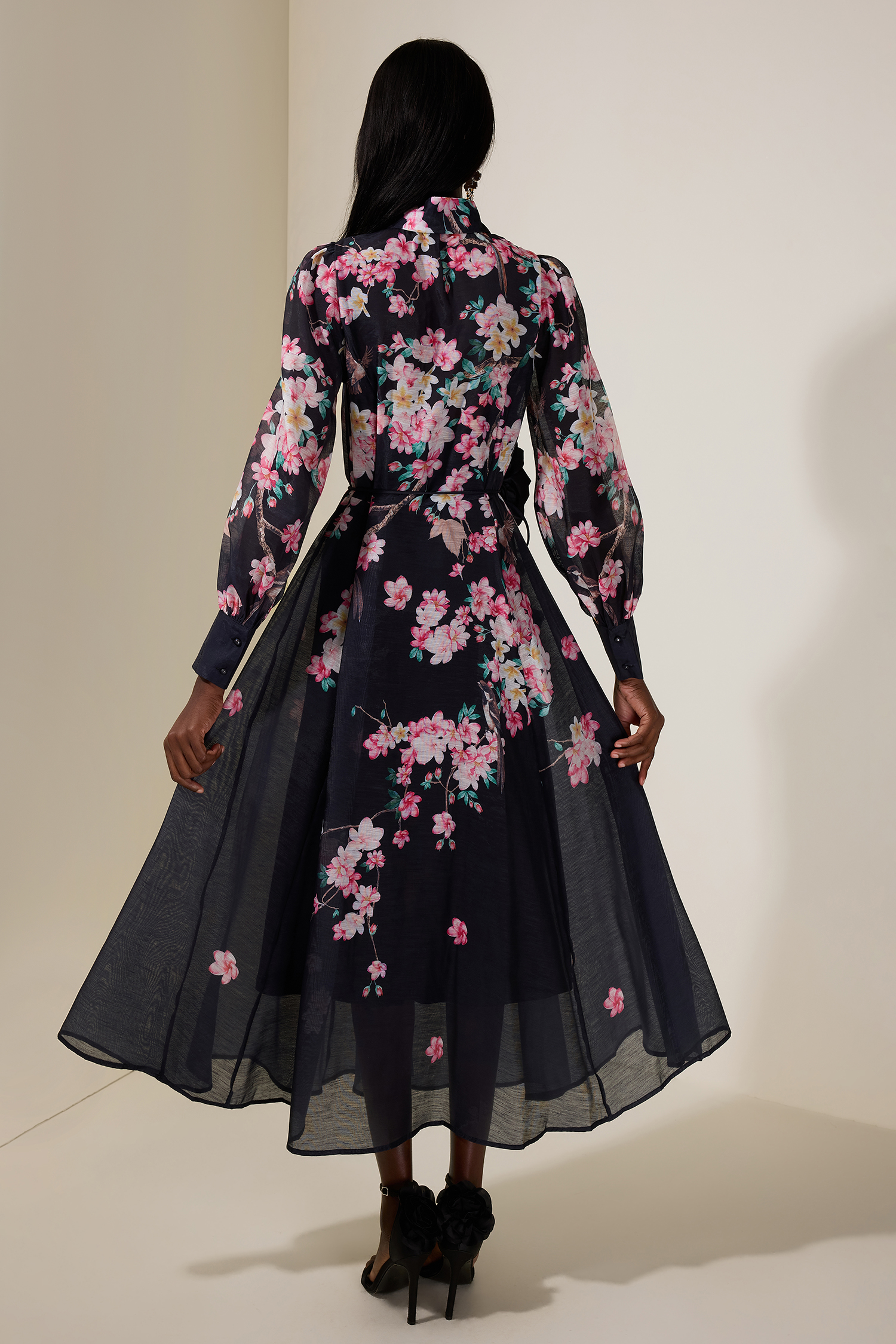 Floral 3D Flower Lantern Sleeve Midi Dress