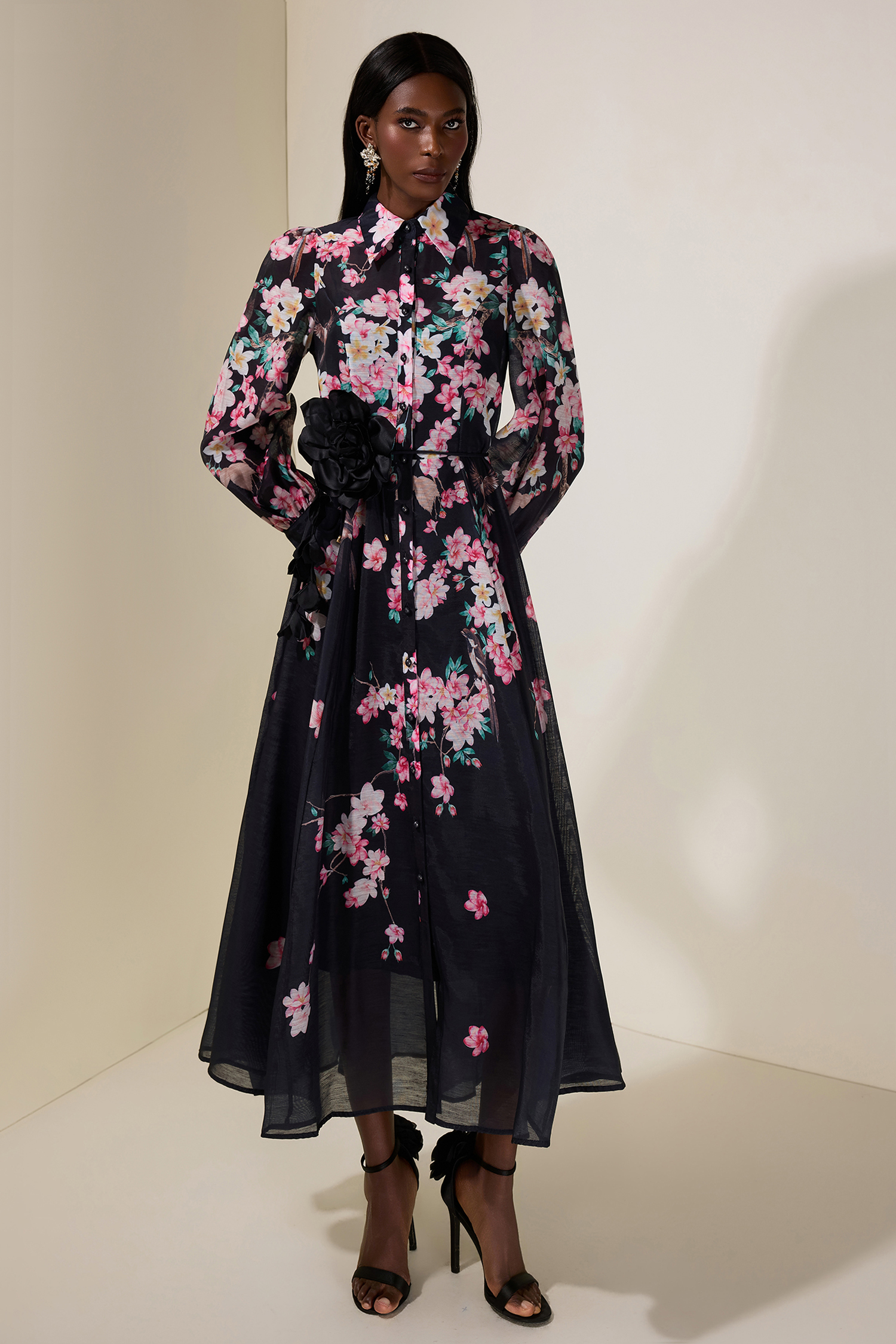 Floral 3D Flower Lantern Sleeve Midi Dress