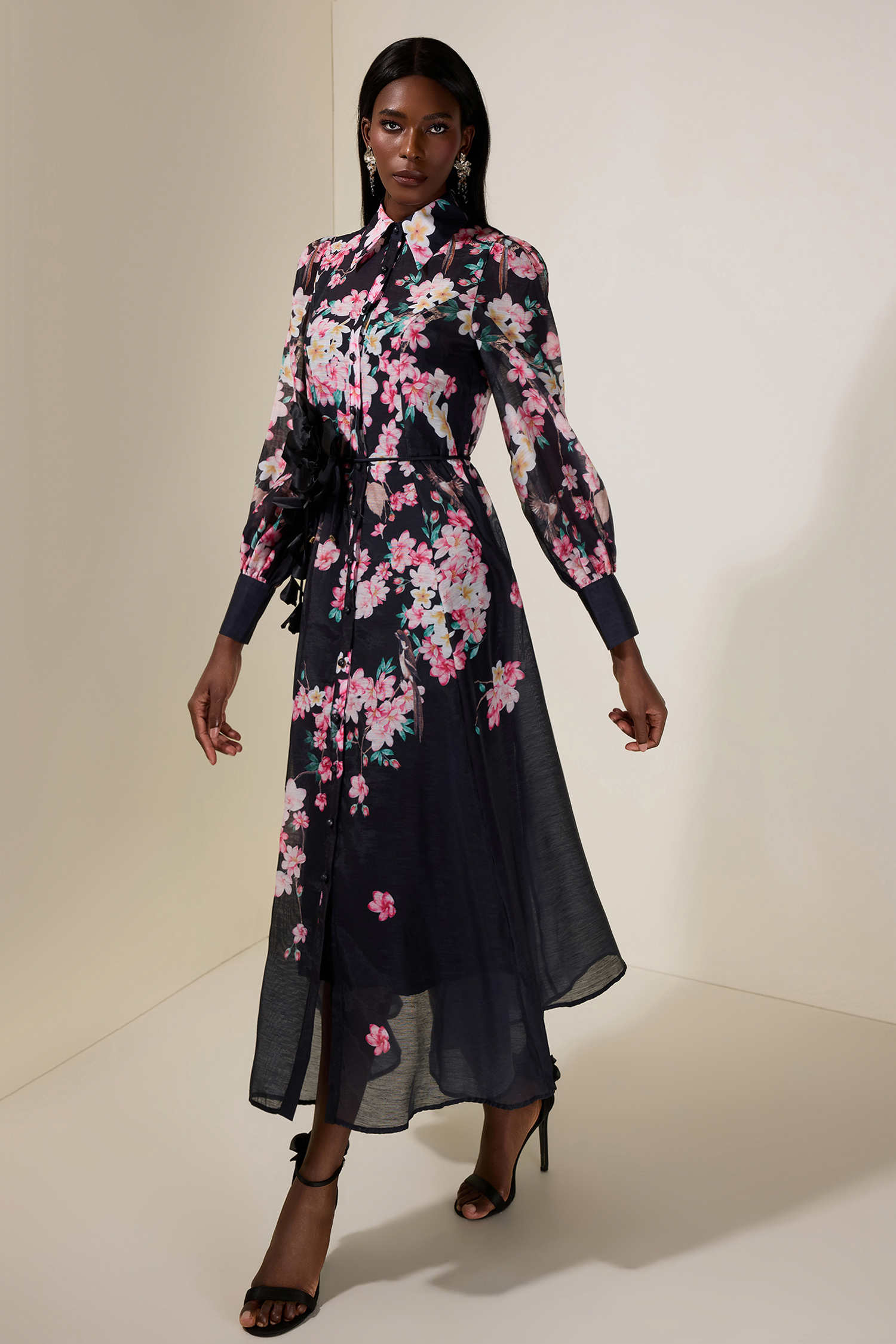 Floral 3D Flower Lantern Sleeve Midi Dress