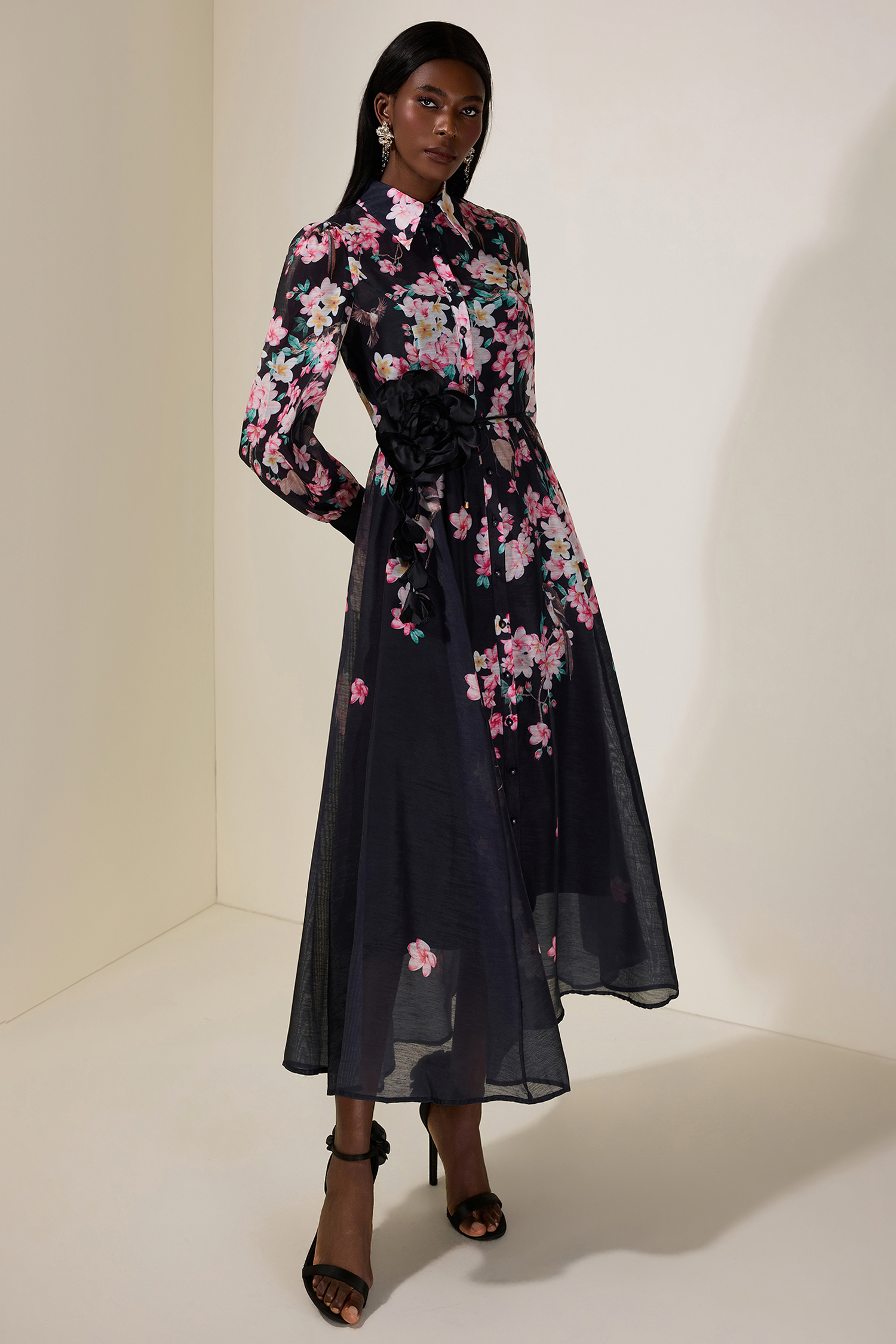 Floral 3D Flower Lantern Sleeve Midi Dress