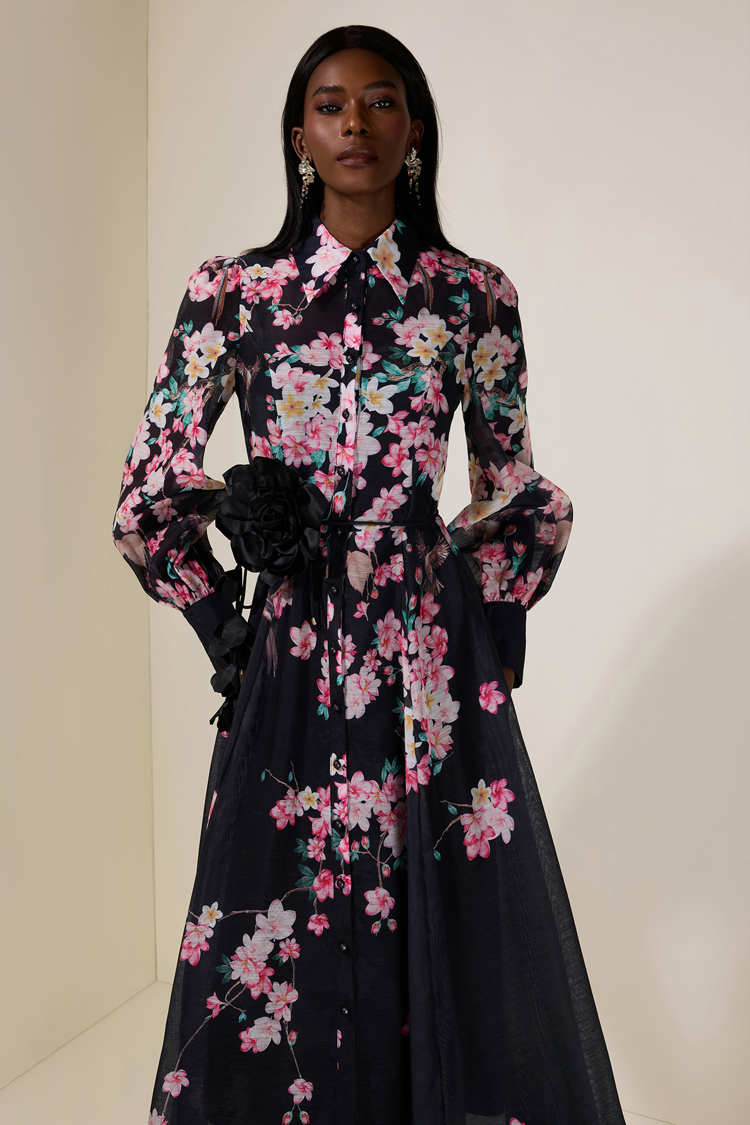 Floral 3D Flower Lantern Sleeve Midi Dress