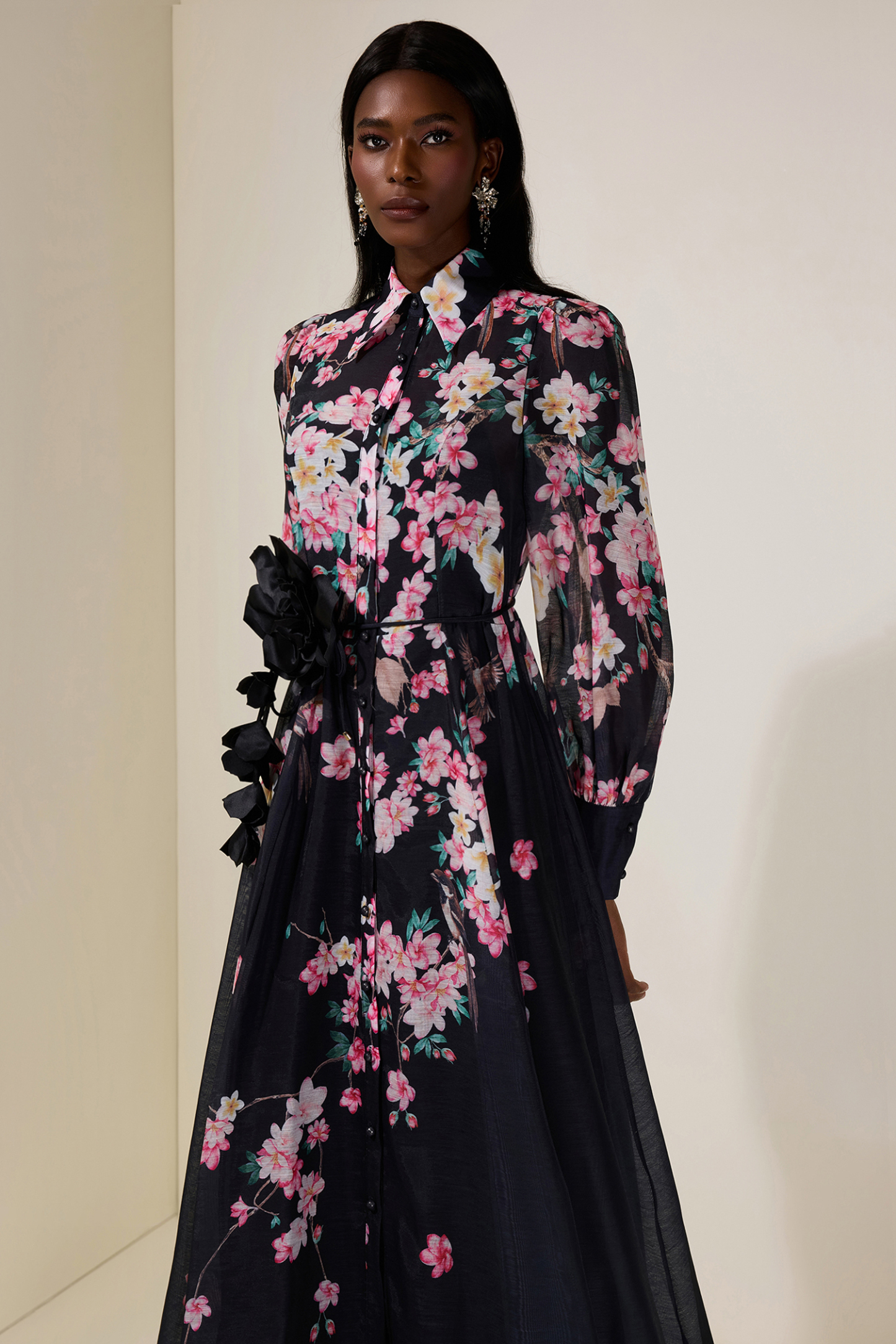 Floral 3D Flower Lantern Sleeve Midi Dress