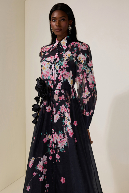 Floral 3D Flower Lantern Sleeve Midi Dress