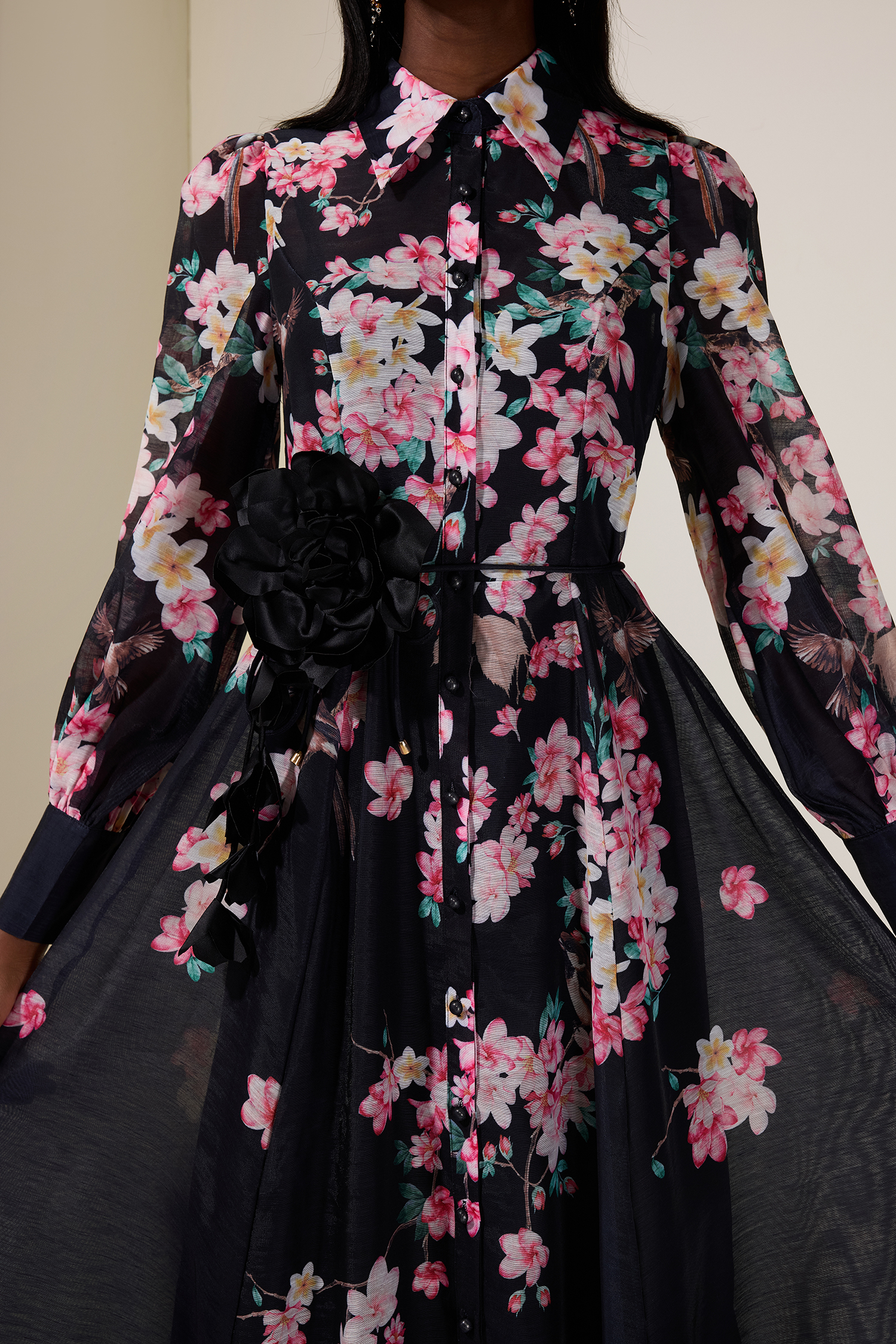 Floral 3D Flower Lantern Sleeve Midi Dress