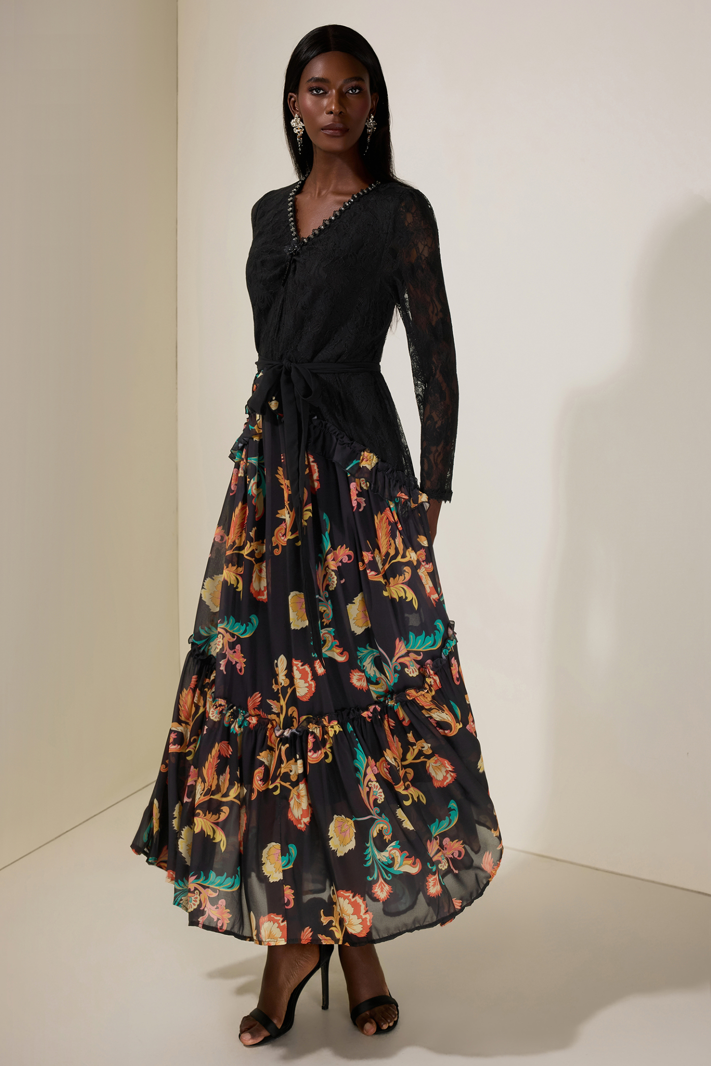 Paisley Print Lace Beaded Midi Dress