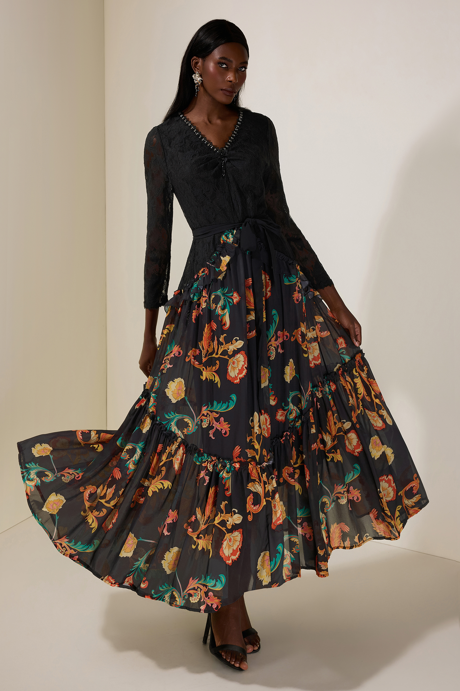 Paisley Print Lace Beaded Midi Dress