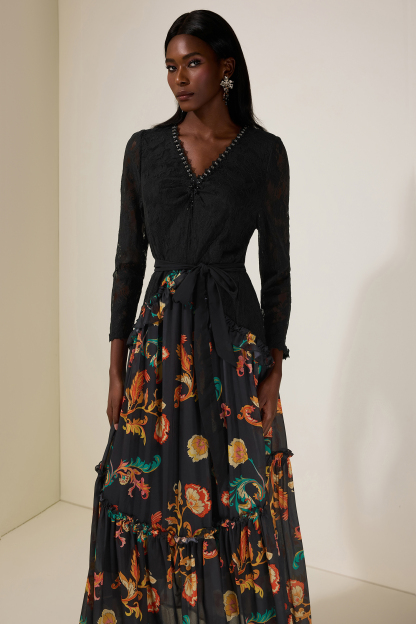 Paisley Print Lace Beaded Midi Dress