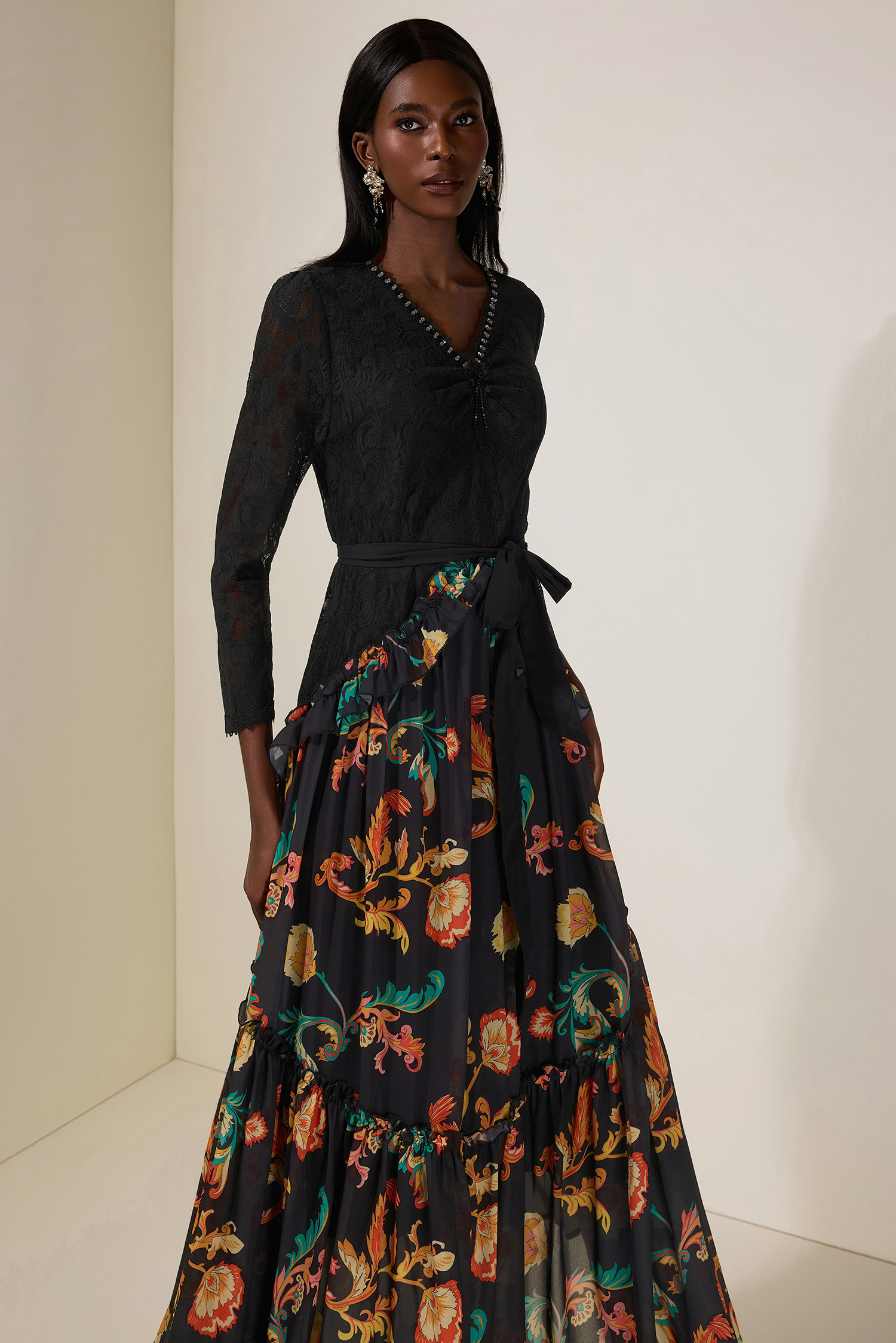 Paisley Print Lace Beaded Midi Dress