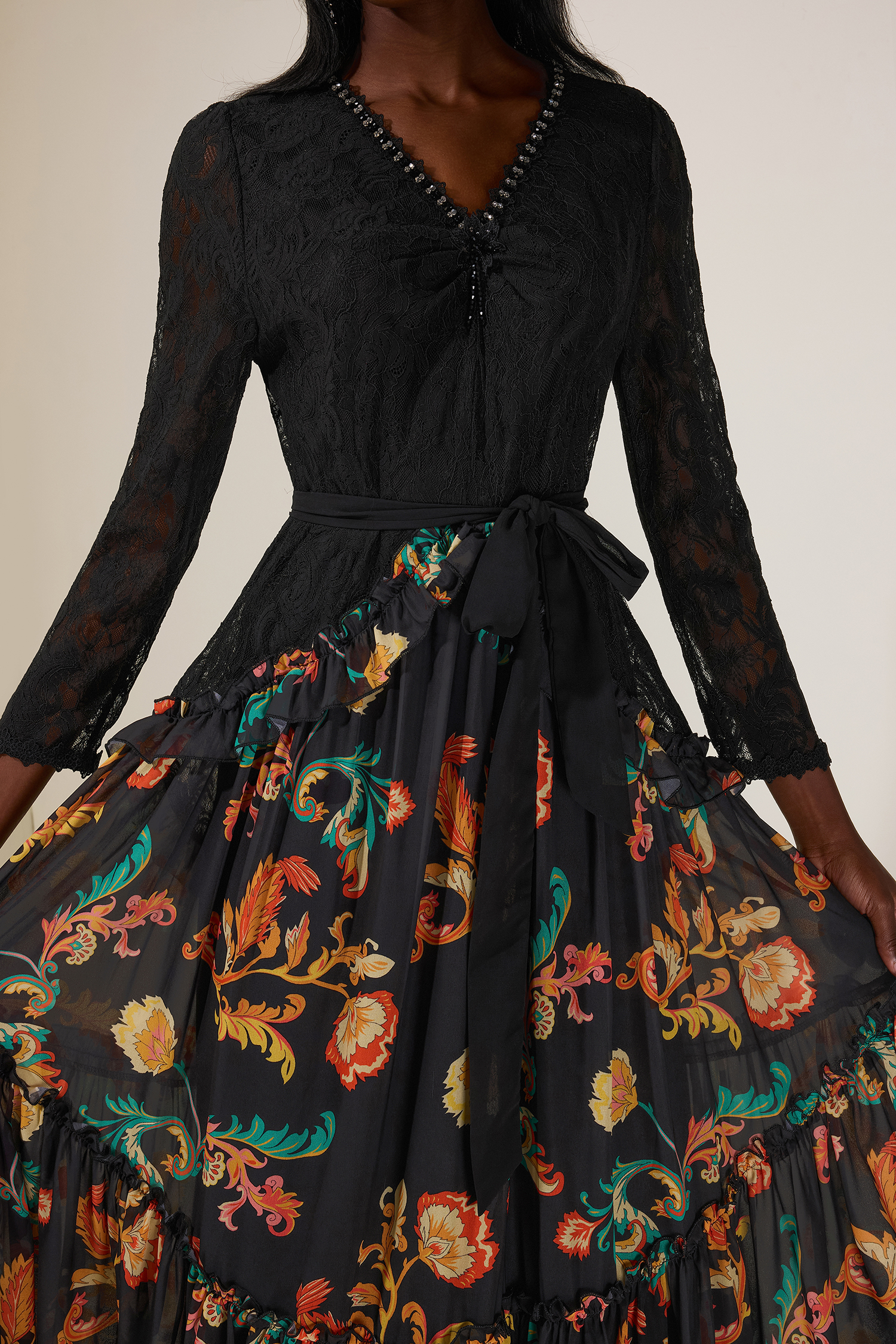 Paisley Print Lace Beaded Midi Dress