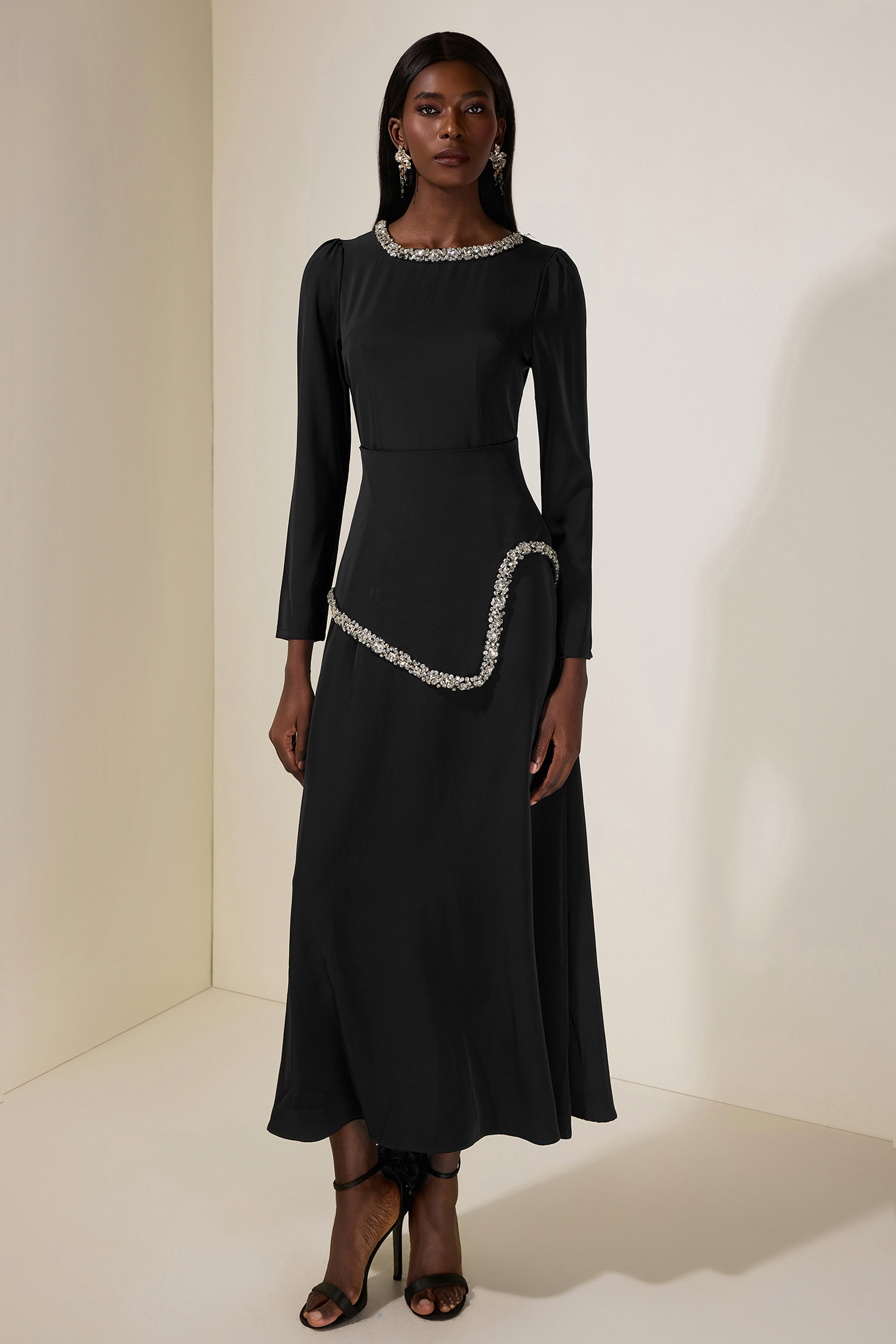 Rhinestone Long Sleeve Midi Dress – JardinVue
